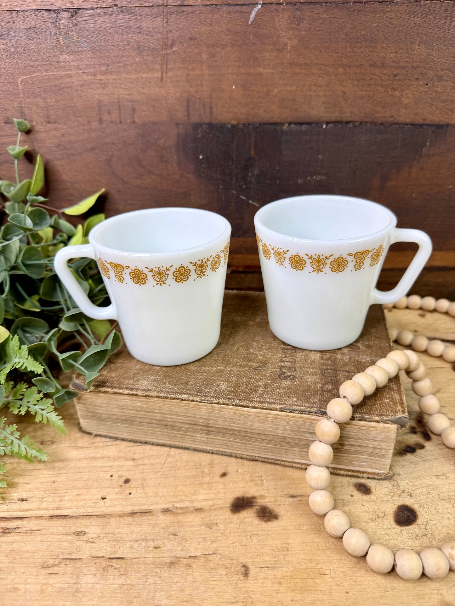 Vintage Pyrex Butterfly Gold Milk Glass Mug Set