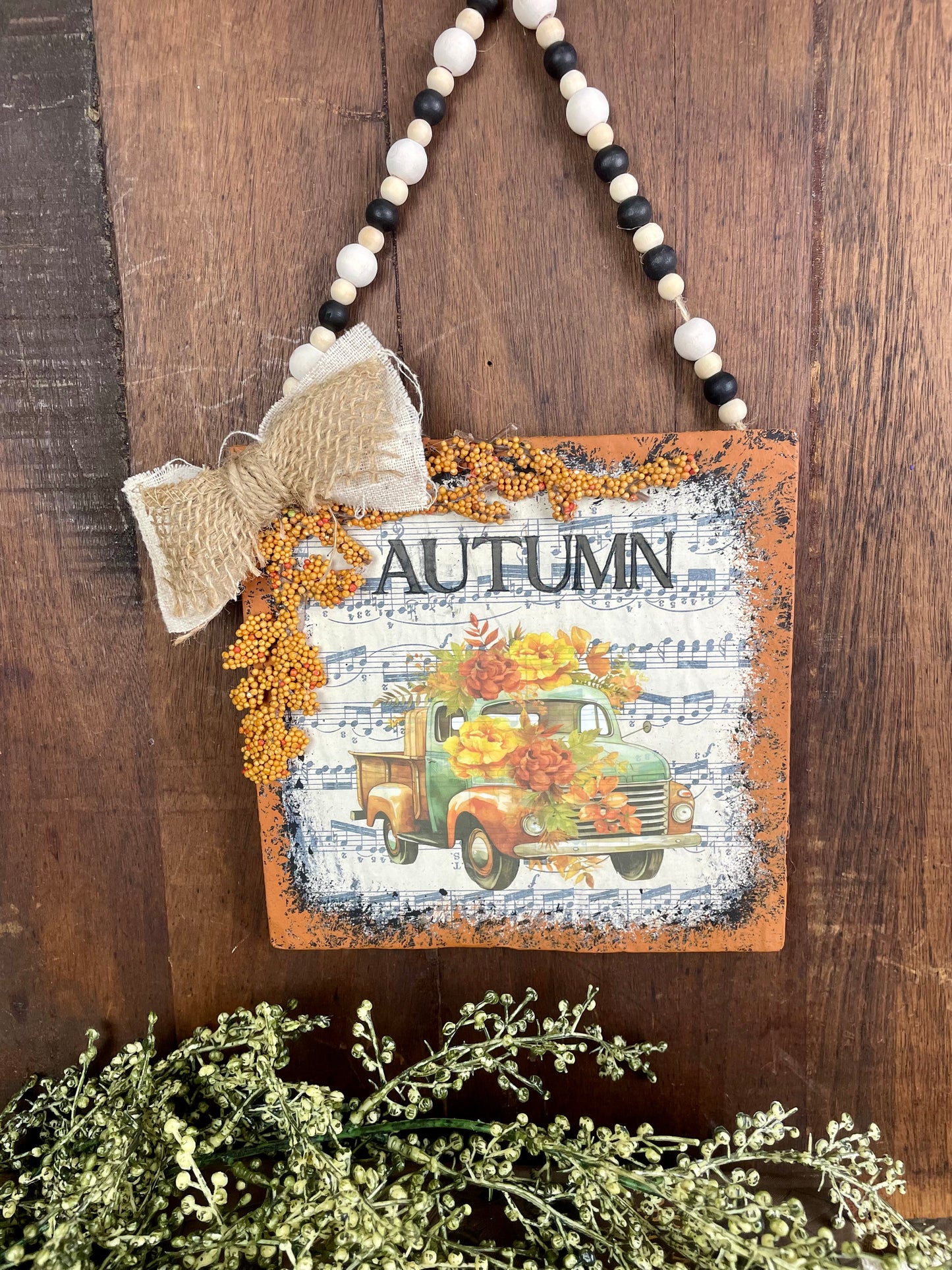 Handmade Upcycled Autumn Sign with Beaded Hanger