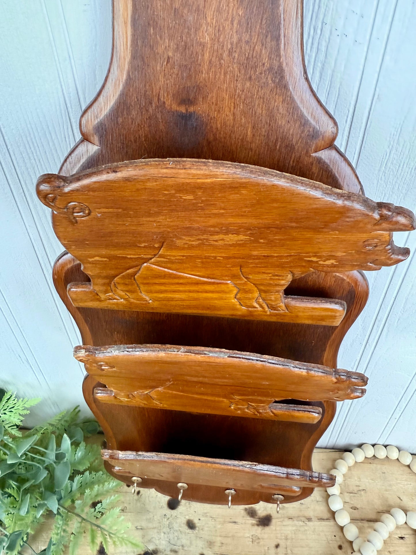 Vintage Farmhouse Wooden Pig Letter Organizer