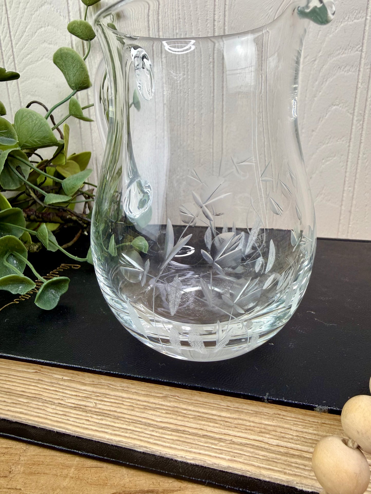 Vintage Crystal Glass Creamer with Etched Florals