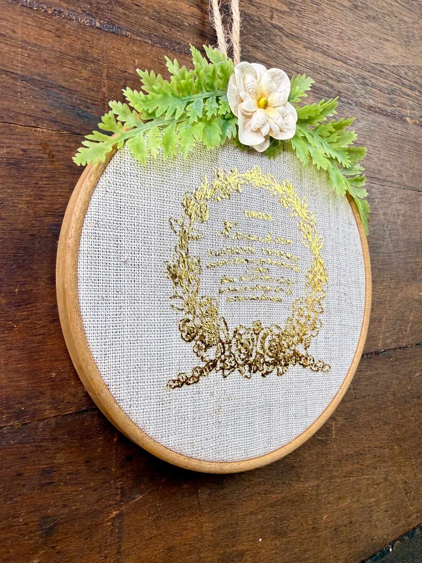Upcycled Embroidery Hoop Wall Art with Vintage Label