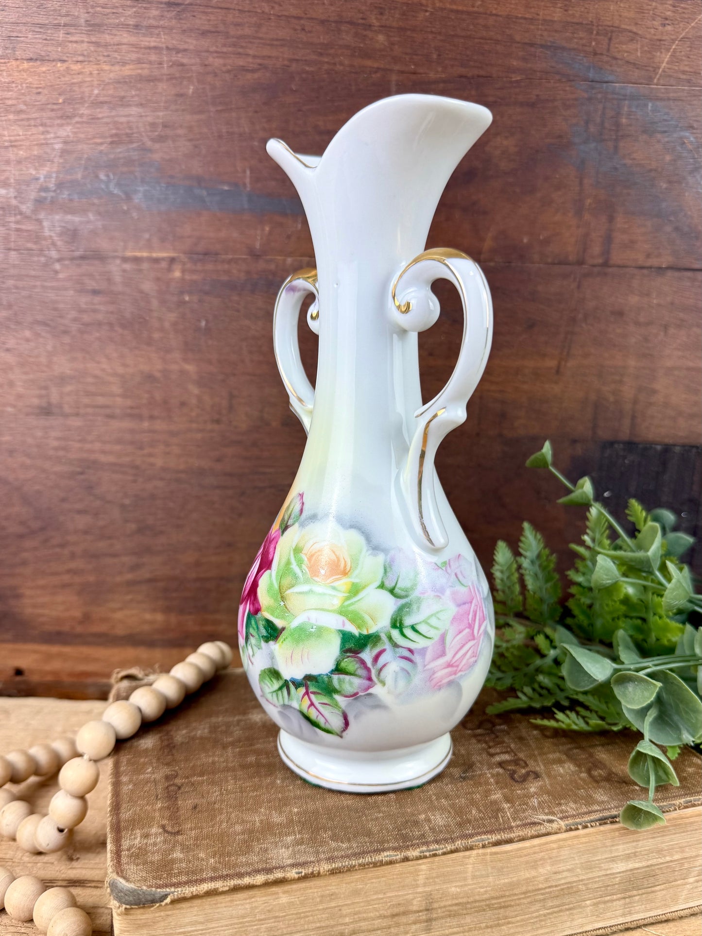 Vintage Porcelain Arnart Floral Double Handle Vase