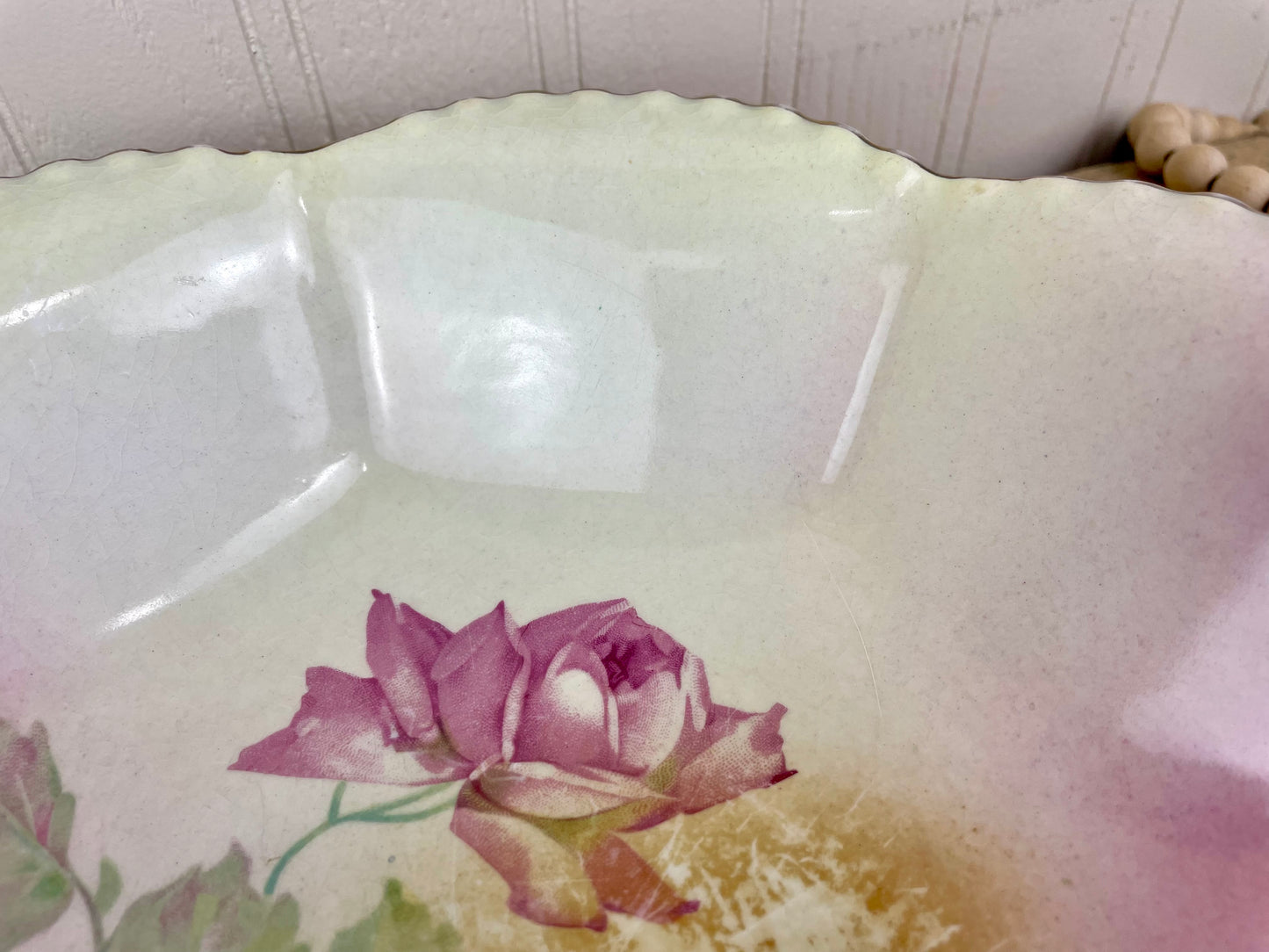 Vintage Scalloped Porcelain Bowl with Roses