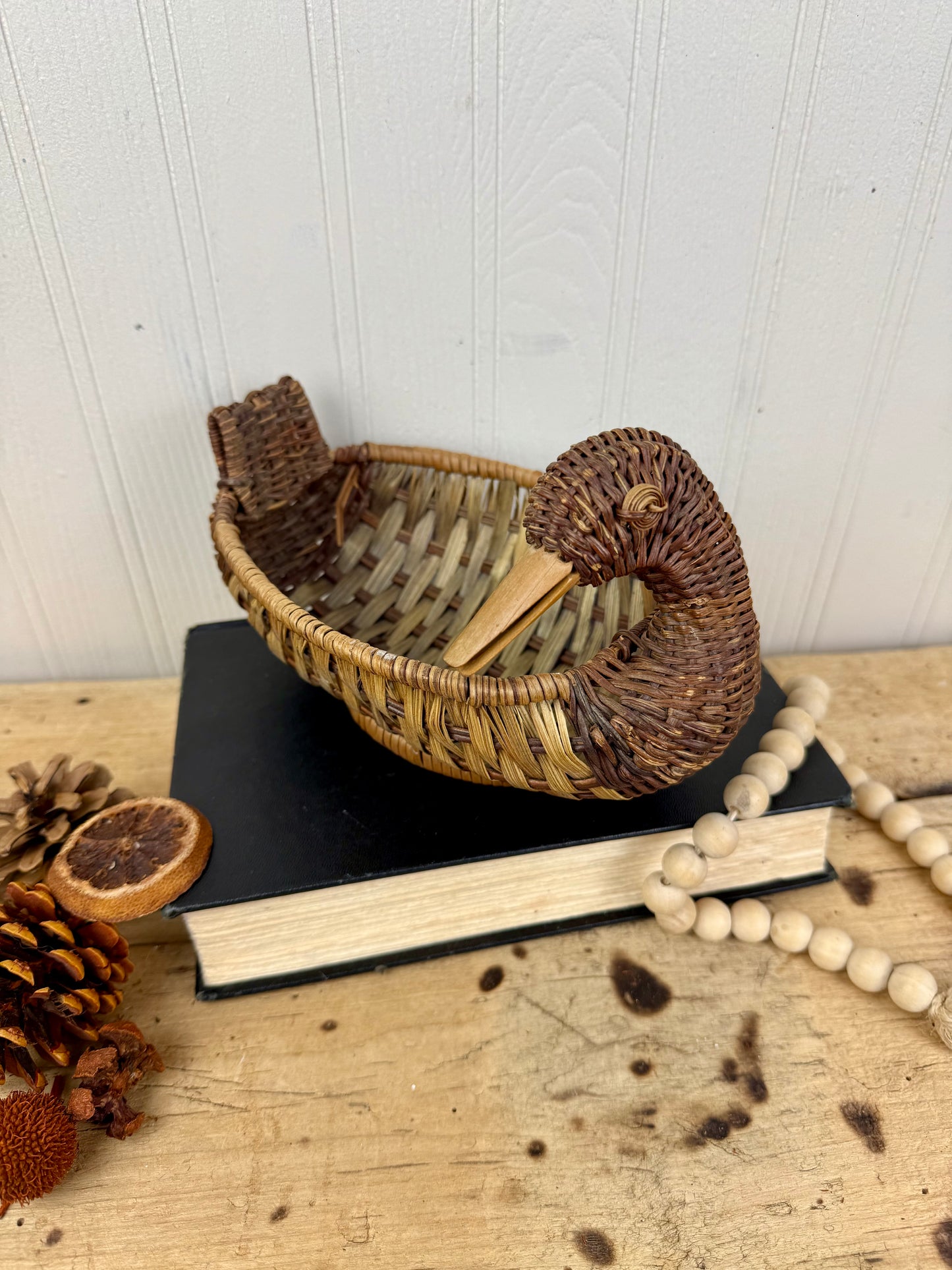 Vintage Mid-Century Wicker Duck Basket