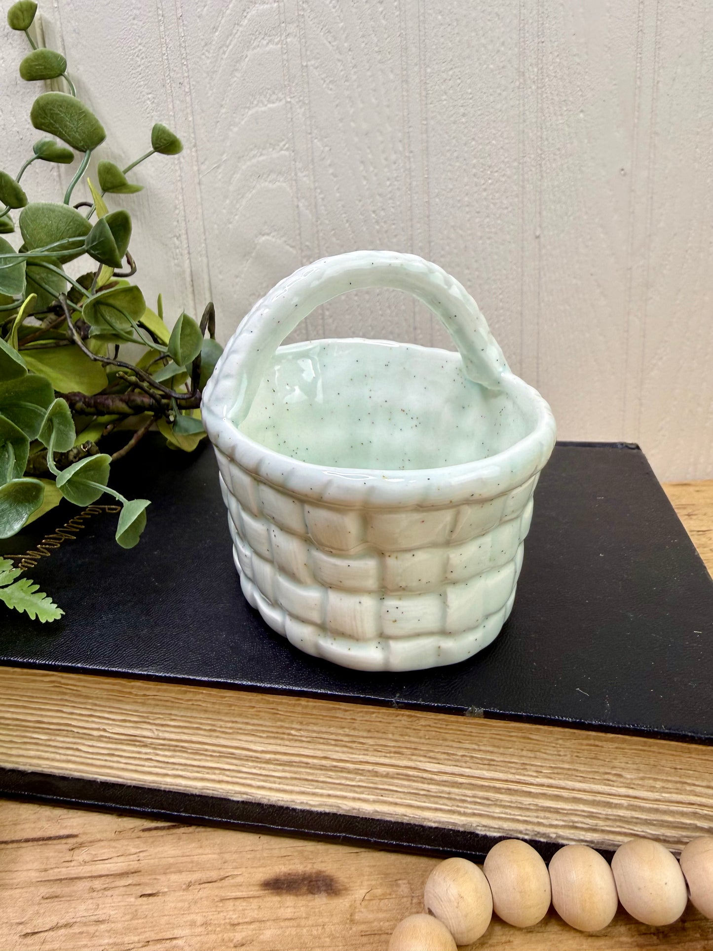 Vintage Handmade Ceramic Basket Figurine