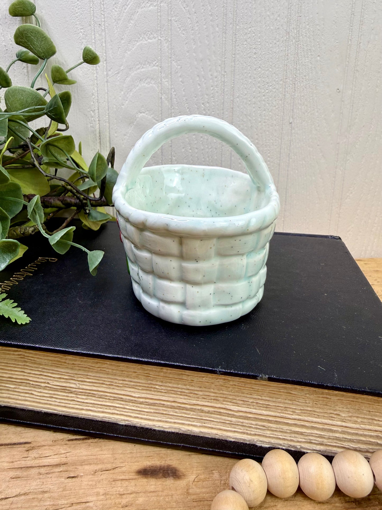 Vintage Handmade Ceramic Basket Figurine