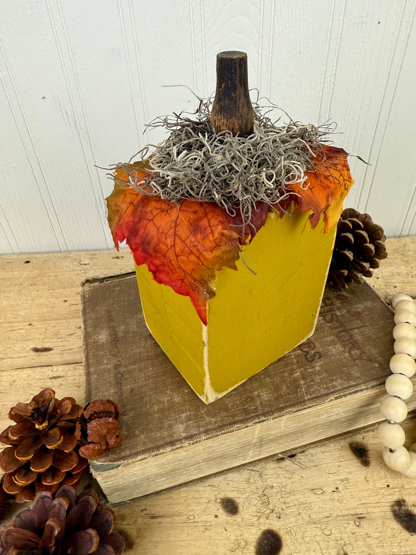 Handmade Reclaimed Wood Yellow Block Pumpkin