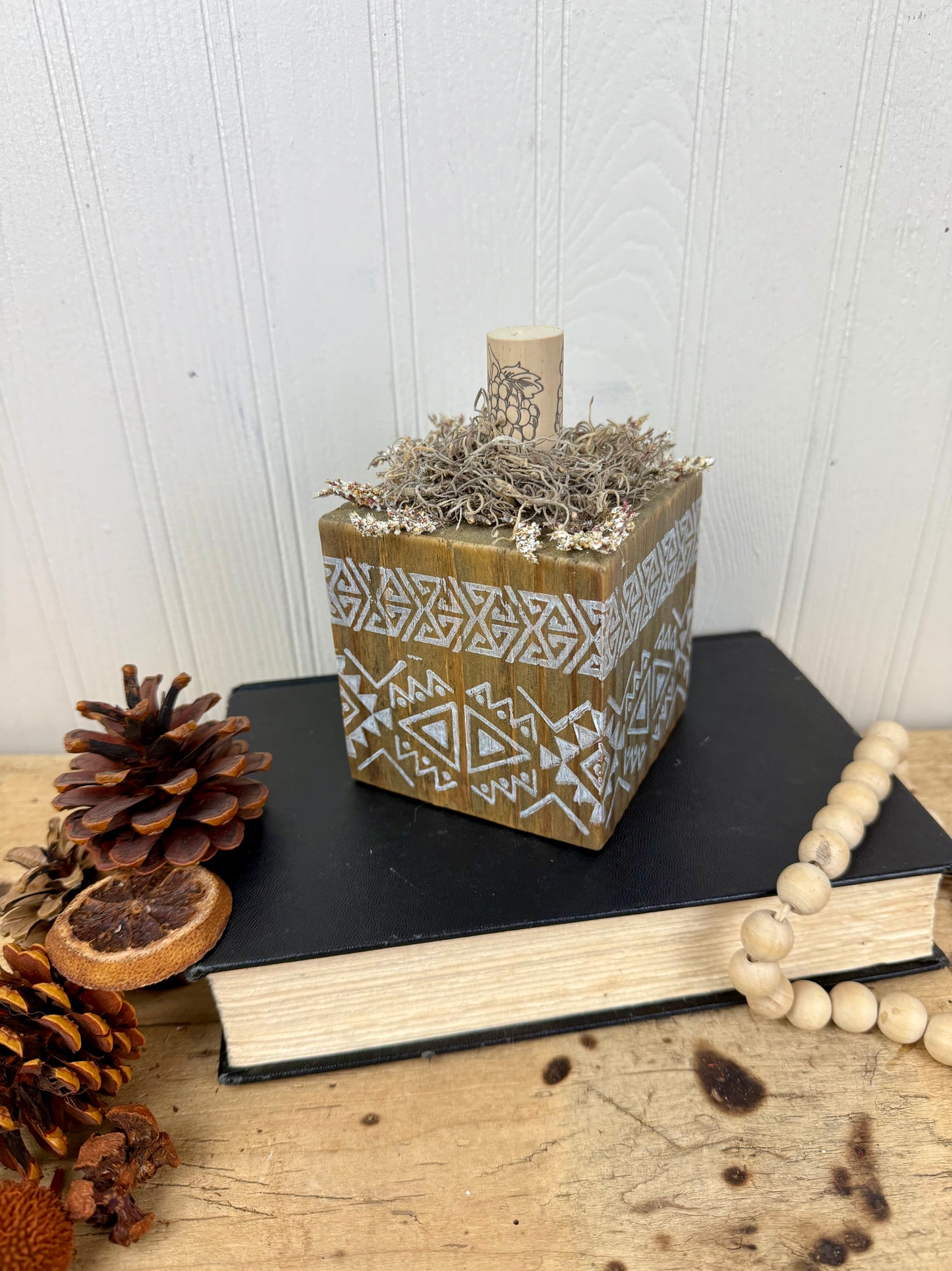 Handmade Reclaimed Wood Tribal Print Block Pumpkin