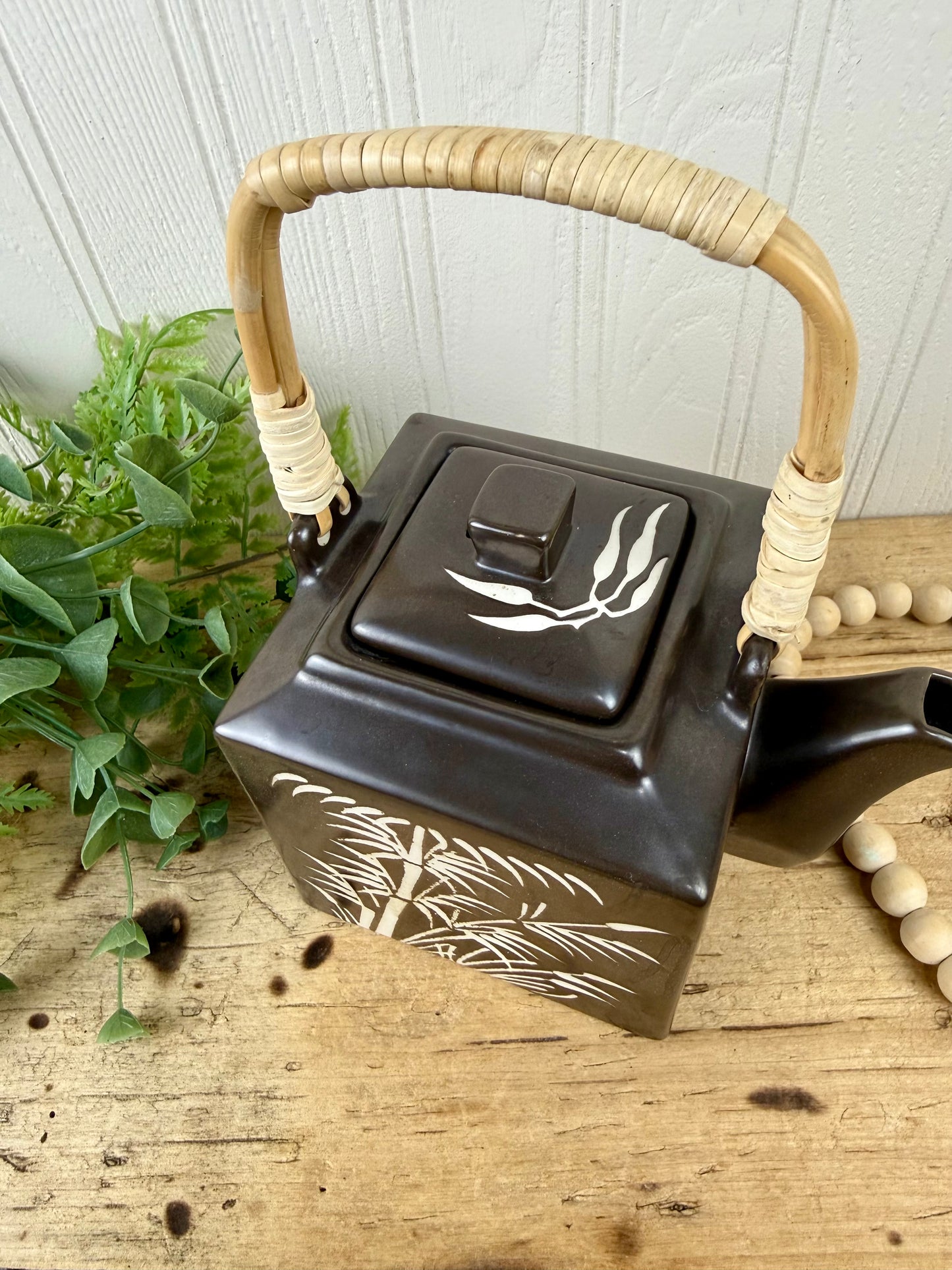 Brown Stoneware Teapot with Bamboo Design