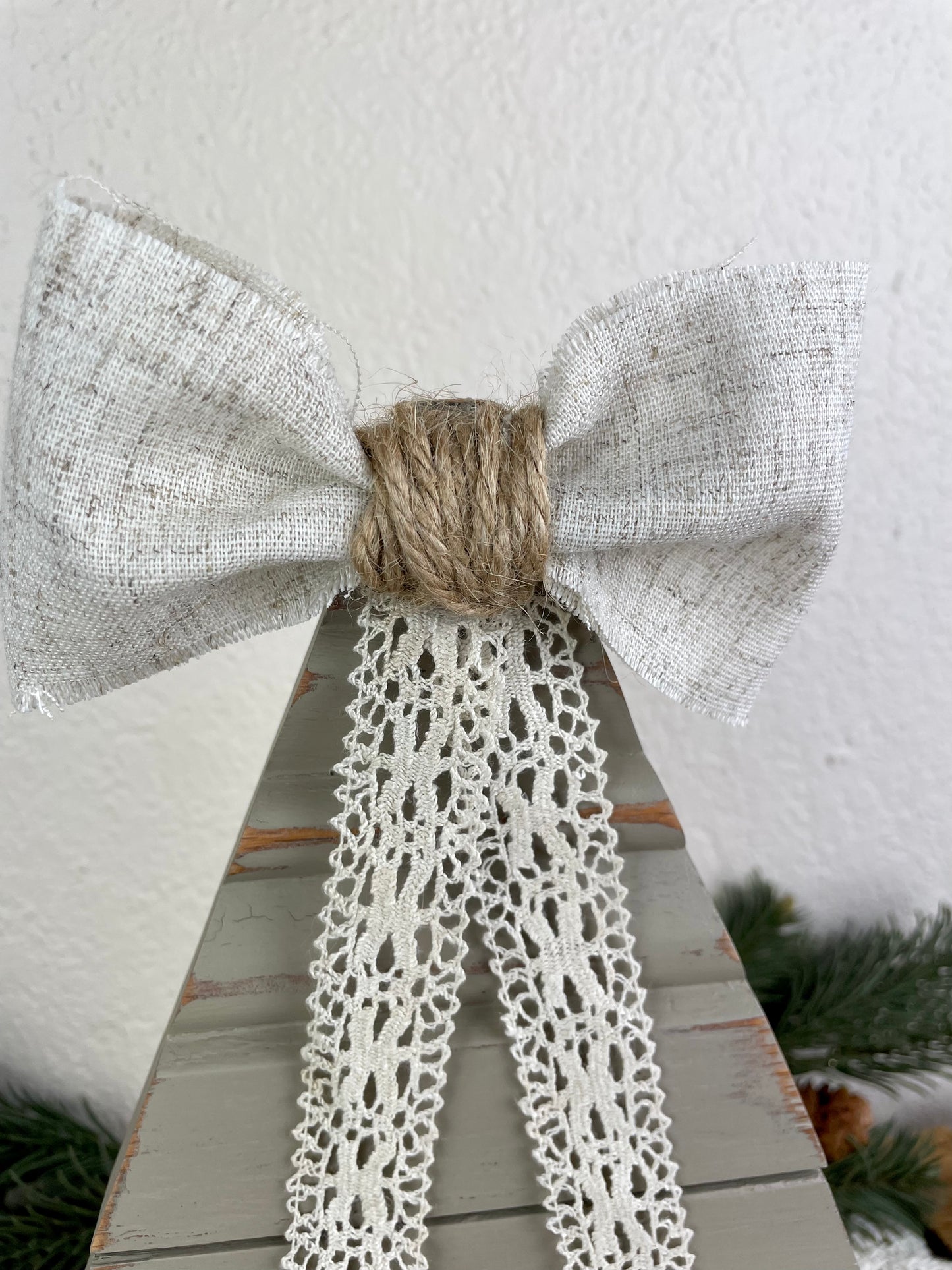 Upcycled Vintage Trim Beige Large Christmas Tree with Handmade Bow & Lace