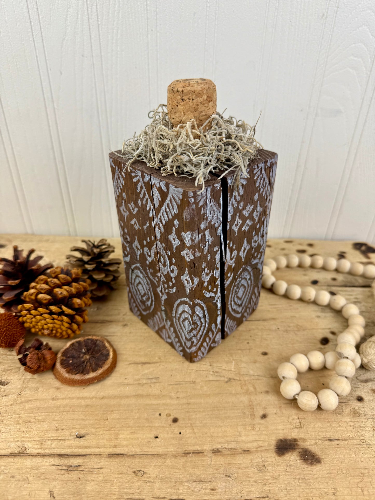 Handmade Reclaimed Wood Block Pumpkin with Stamped Tribal Details