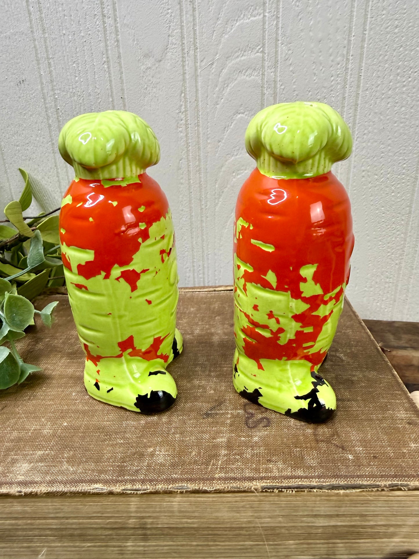 Vintage Mid-Century Carrot Salt & Pepper Shaker Set with Chippy Paint