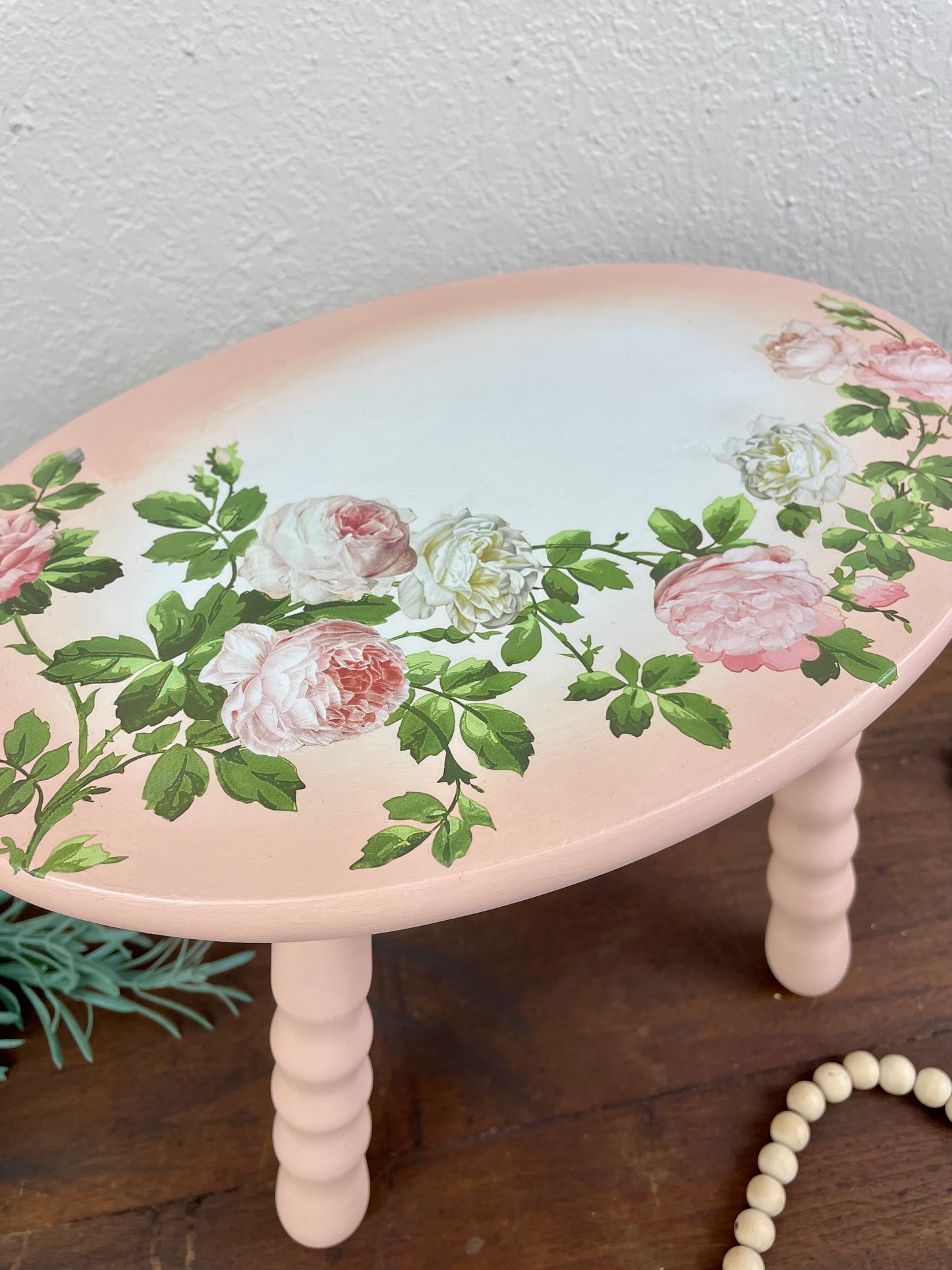 Painted Wooden Milk Stool with Floral Details