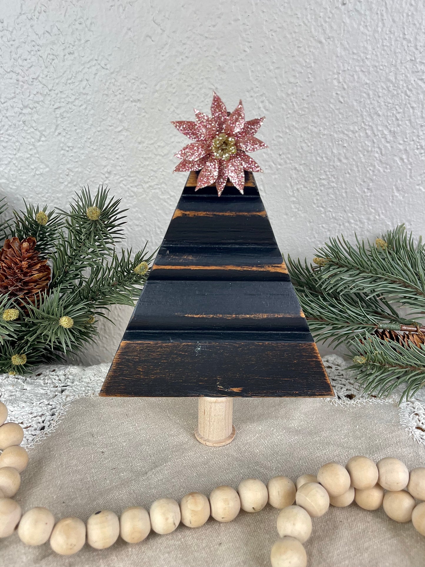 Upcycled Small Vintage Trim Black Christmas Tree with Pink Poinsettia
