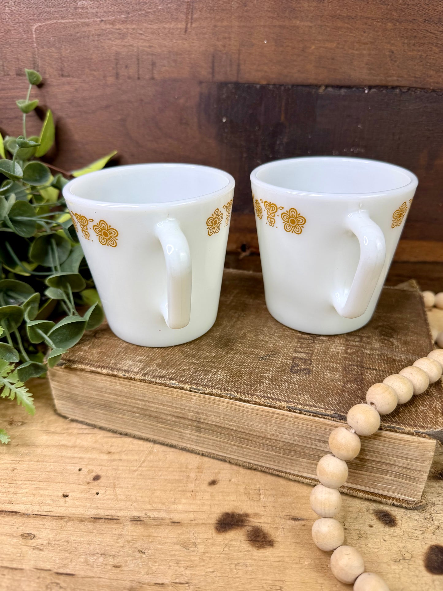 Vintage Pyrex Butterfly Gold Milk Glass Mug Set
