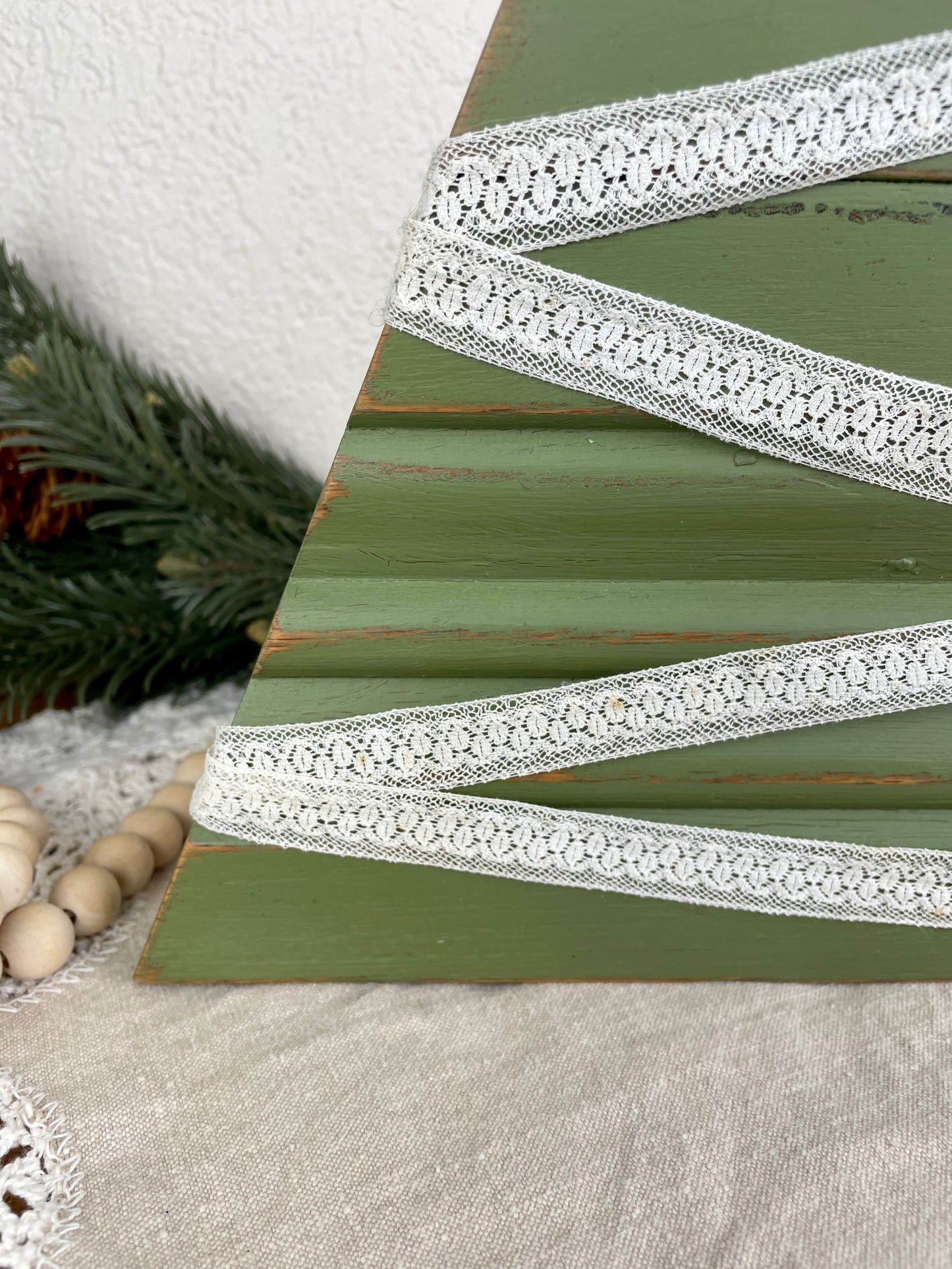 Upcycled Vintage Trim Olive Green Large Christmas Tree with Wood Star & Lace