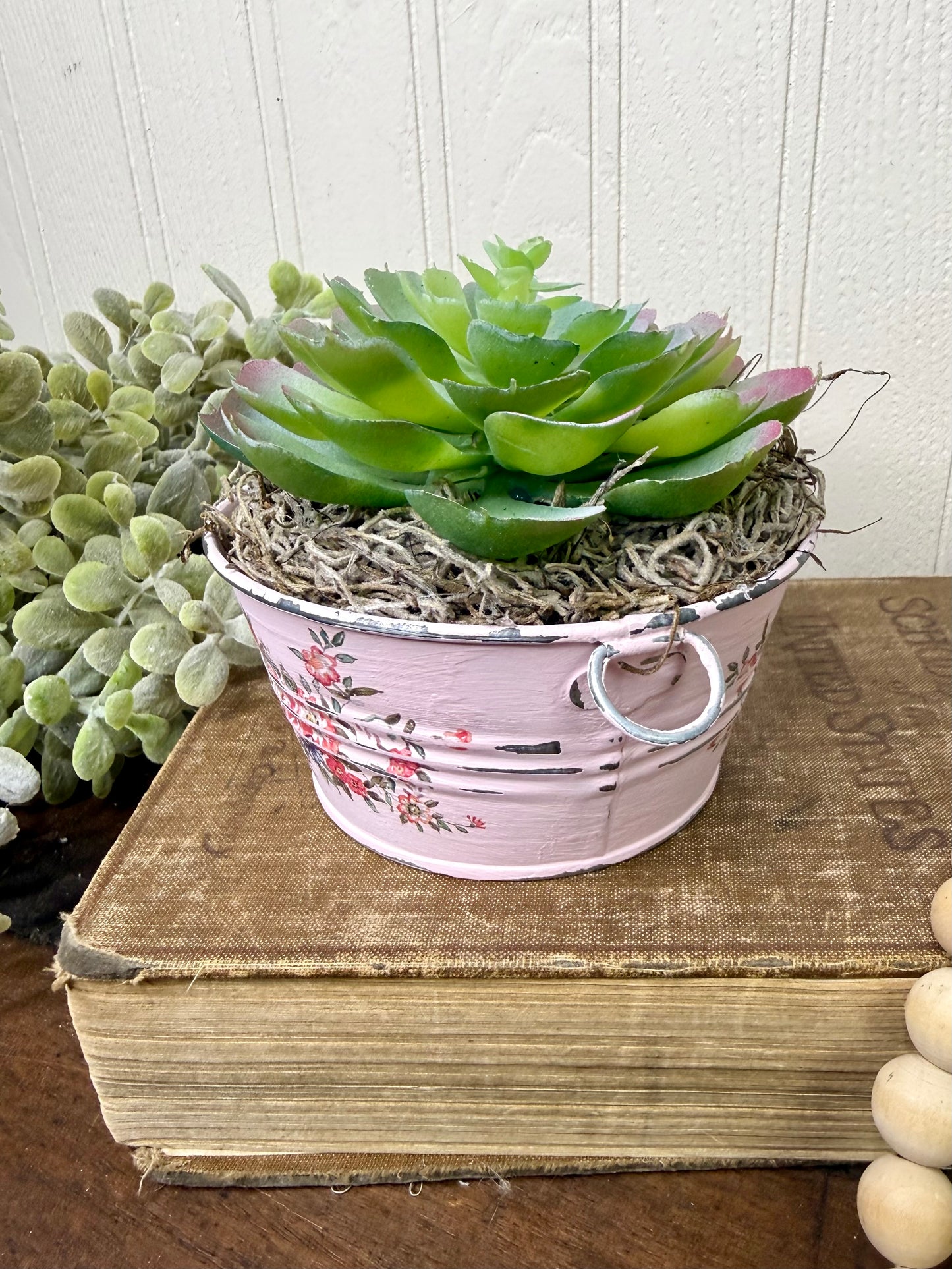 Upcycled Mini Washtub Faux Succulent Plant- Pink