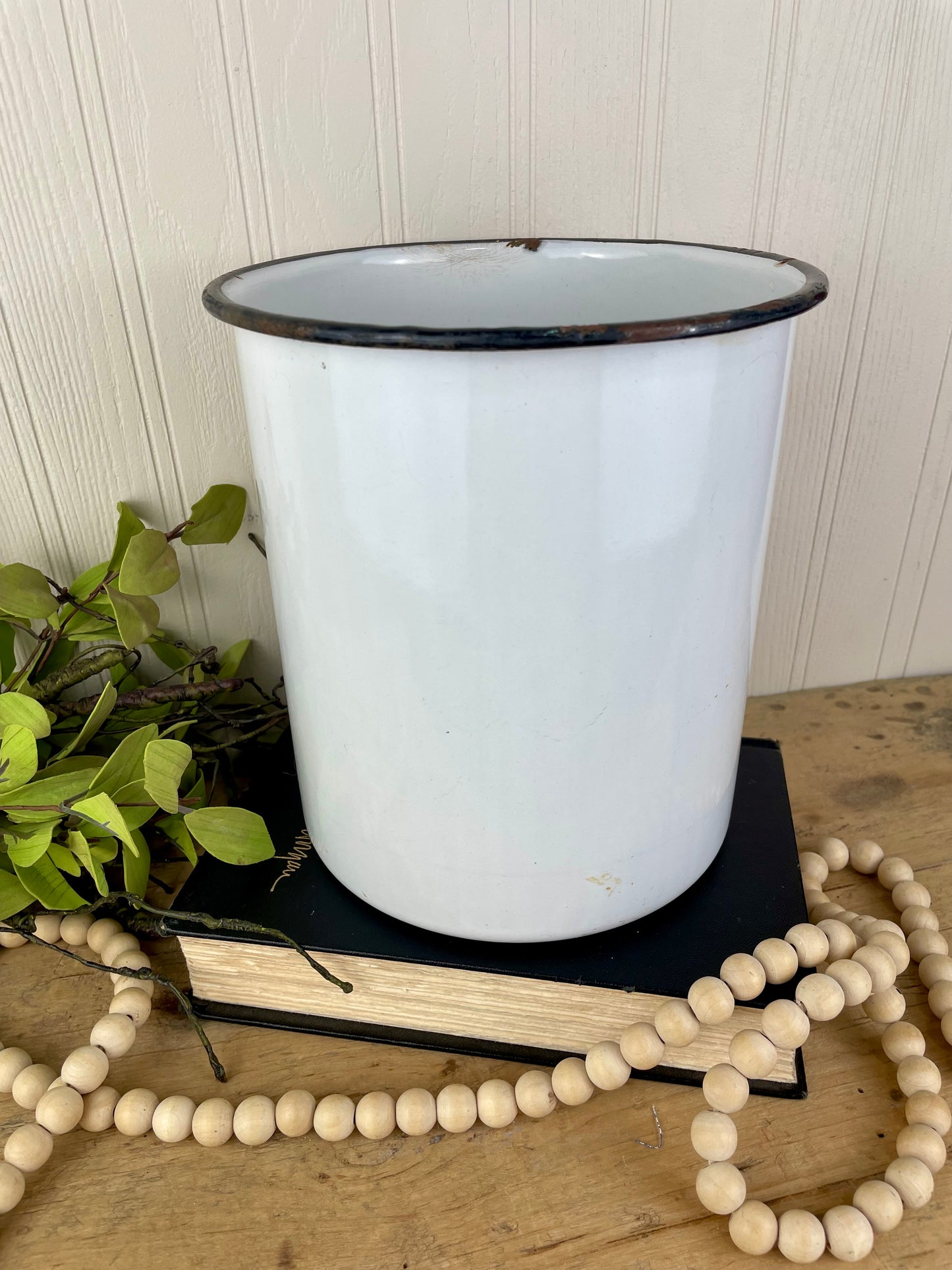 Vintage White Enamel Canister with Black Rim