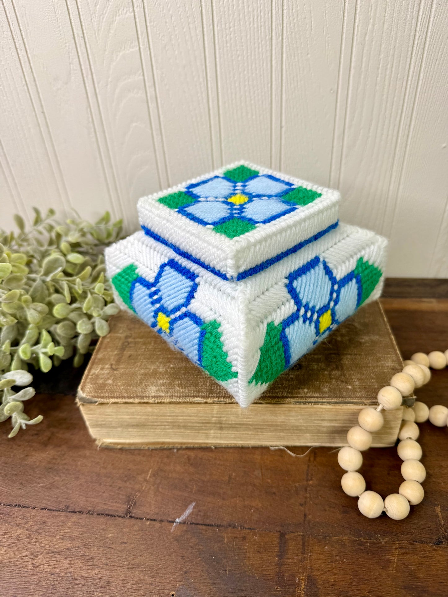 Vintage Plastic Canvas Storage Box with Blue Flowers