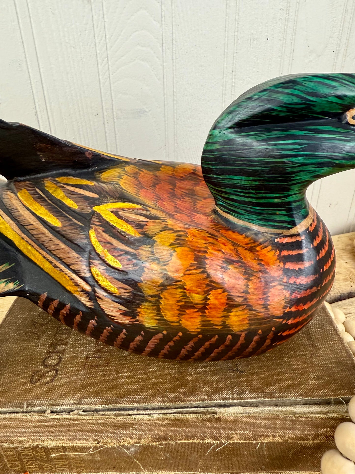 Vintage Hand Carved Wooden Duck with Golden Details
