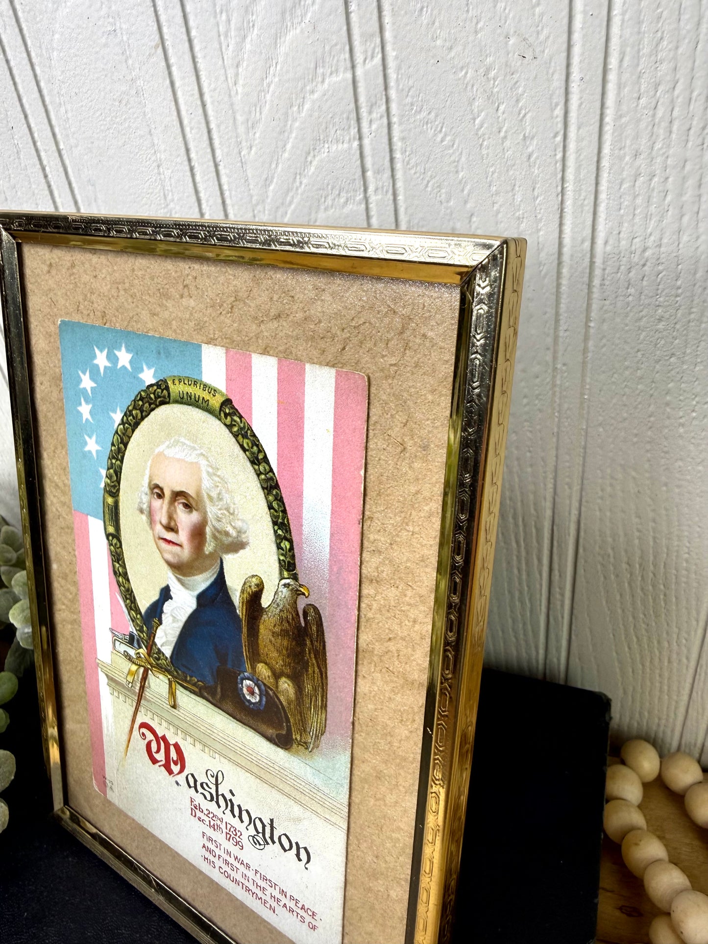 Antique George Washington Patriotic Embossed Postcard in Brass Frame