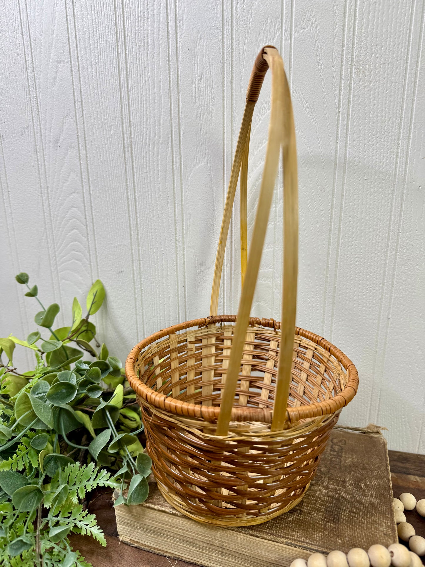 Vintage Two-Toned Wicker Basket with Handle