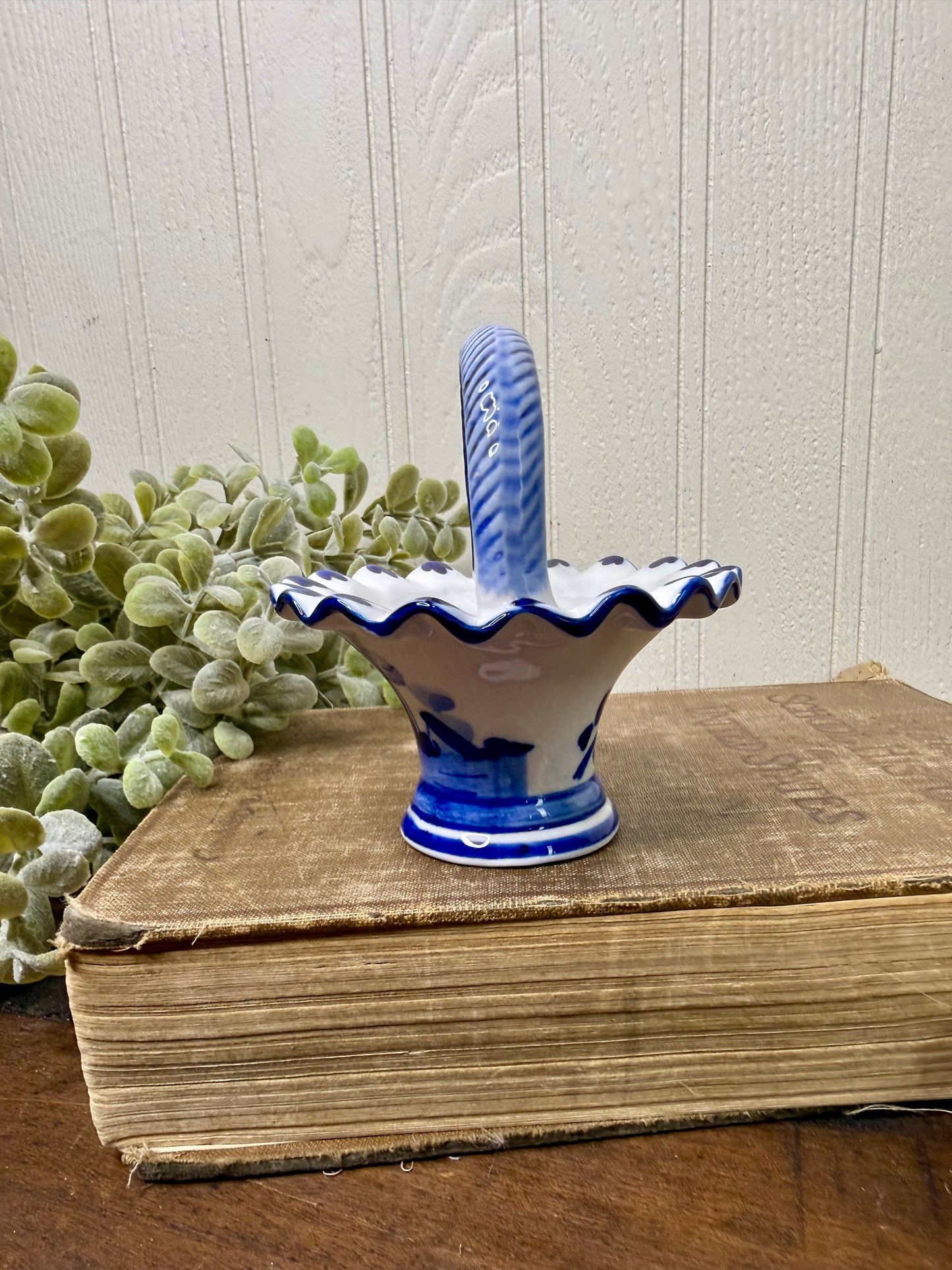 Vintage Delft Blue Hand Painted Porcelain Mini Basket
