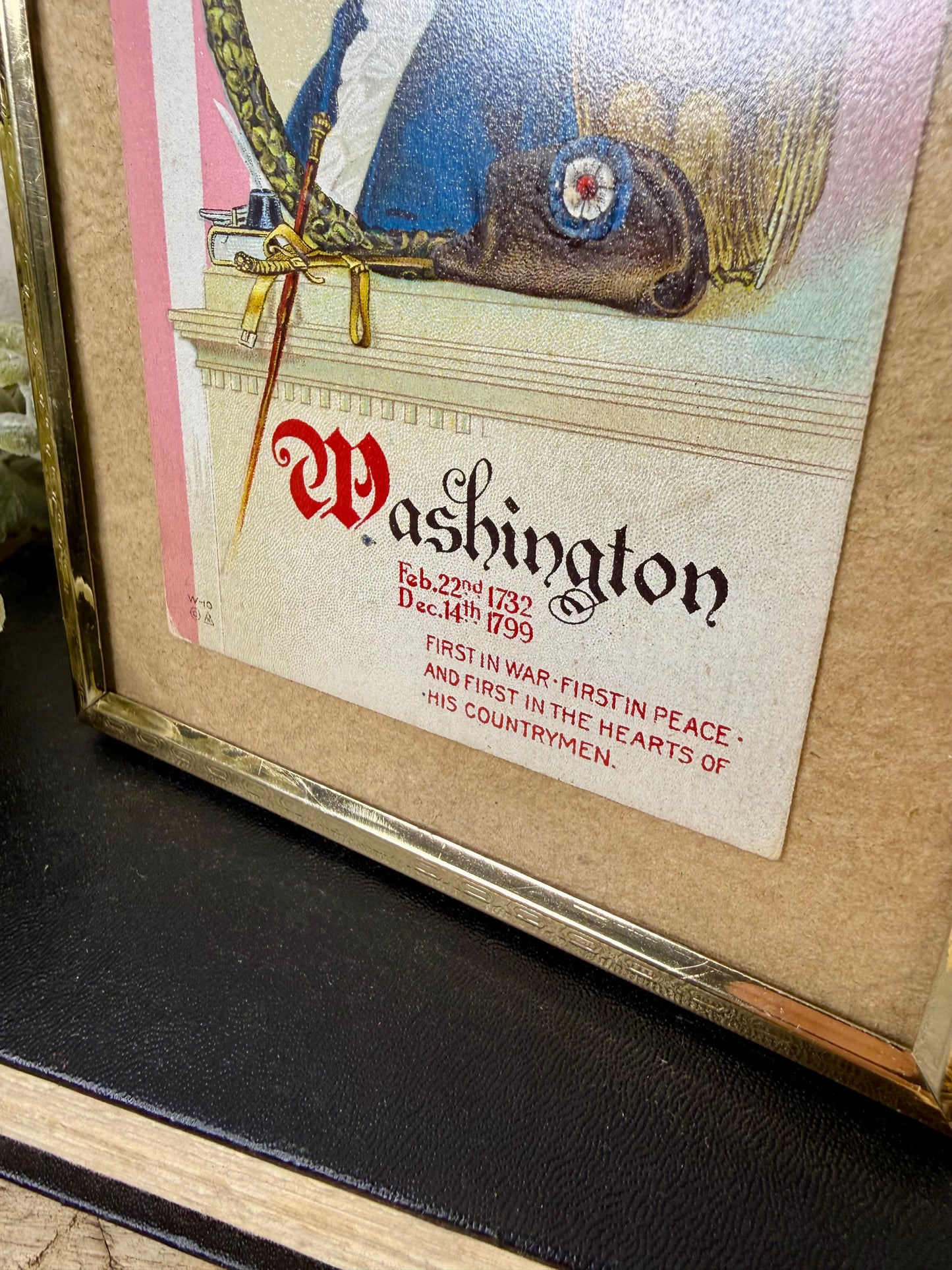 Antique George Washington Patriotic Embossed Postcard in Brass Frame