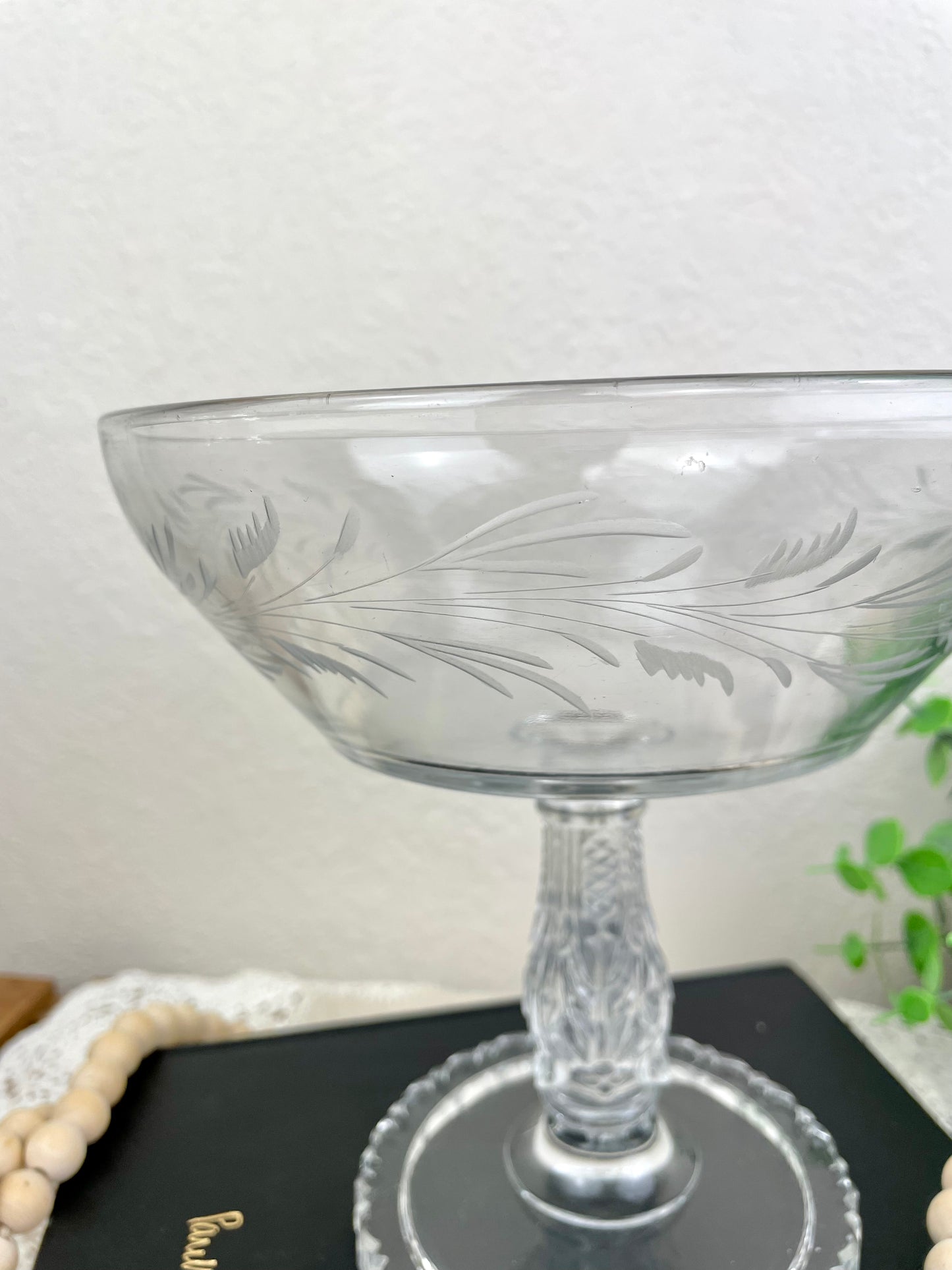 Vintage Pressed Glass Compote Dish with Etched Designs