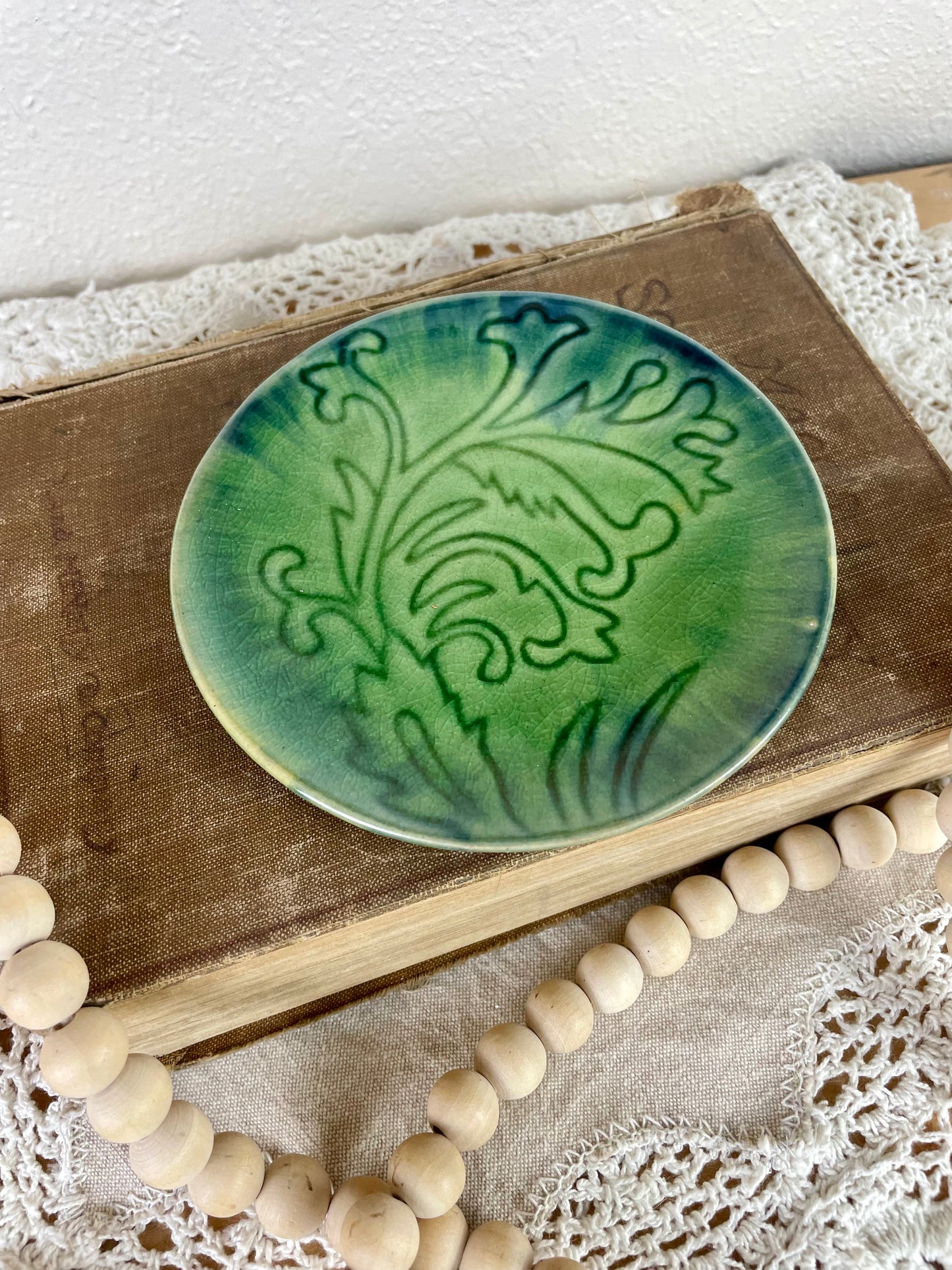 Vintage Green Glazed Ceramic Trinket Dish