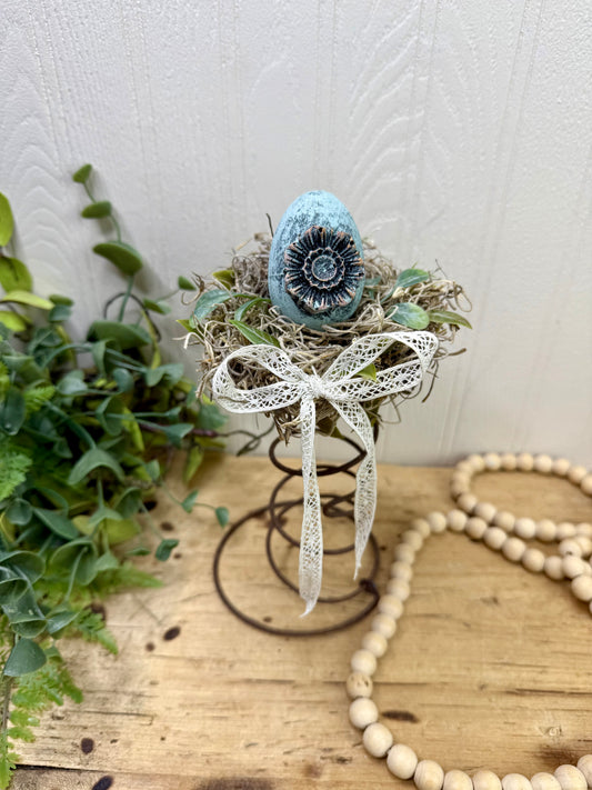 Handmade Rustic Bed Spring Nest with Light Blue Egg