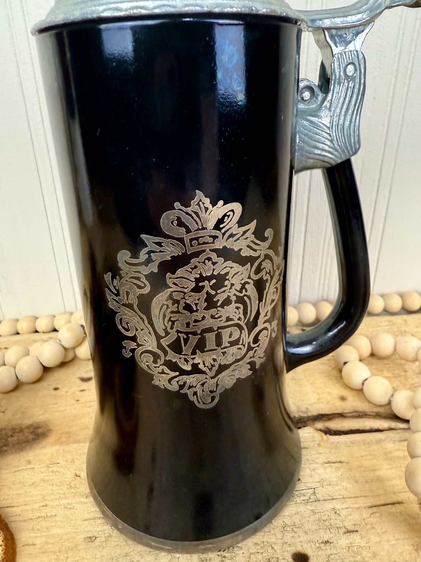 Vintage Black Glass Beer Stein with Pewter Lid