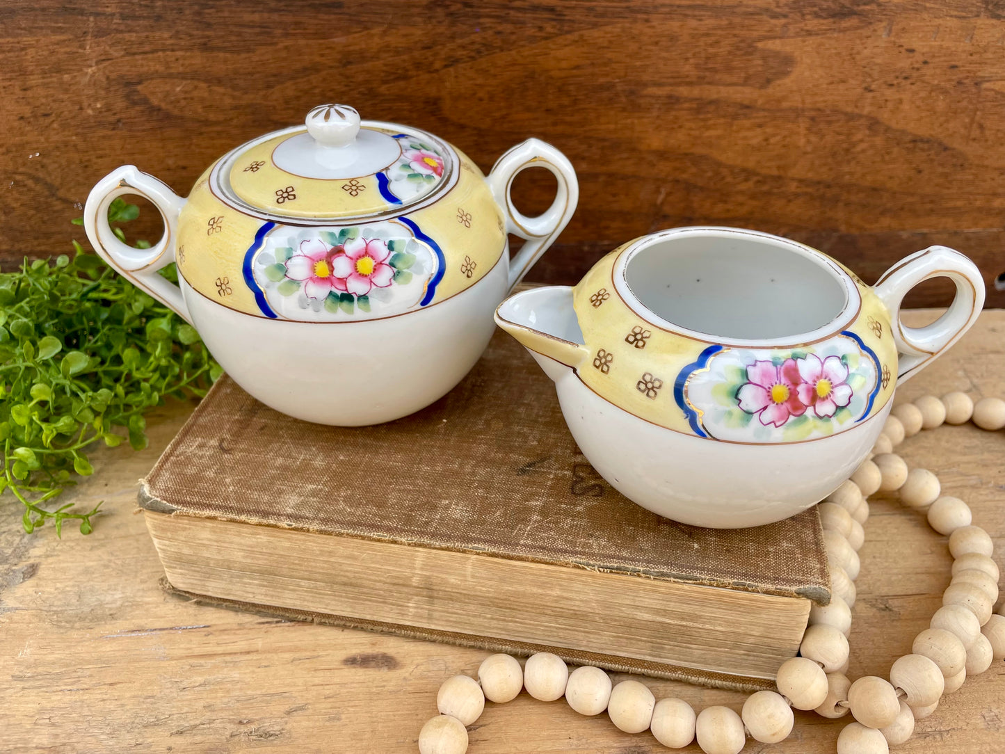 Vintage Nippon Hand Painted Porcelain Creamer & Sugar Dish Set