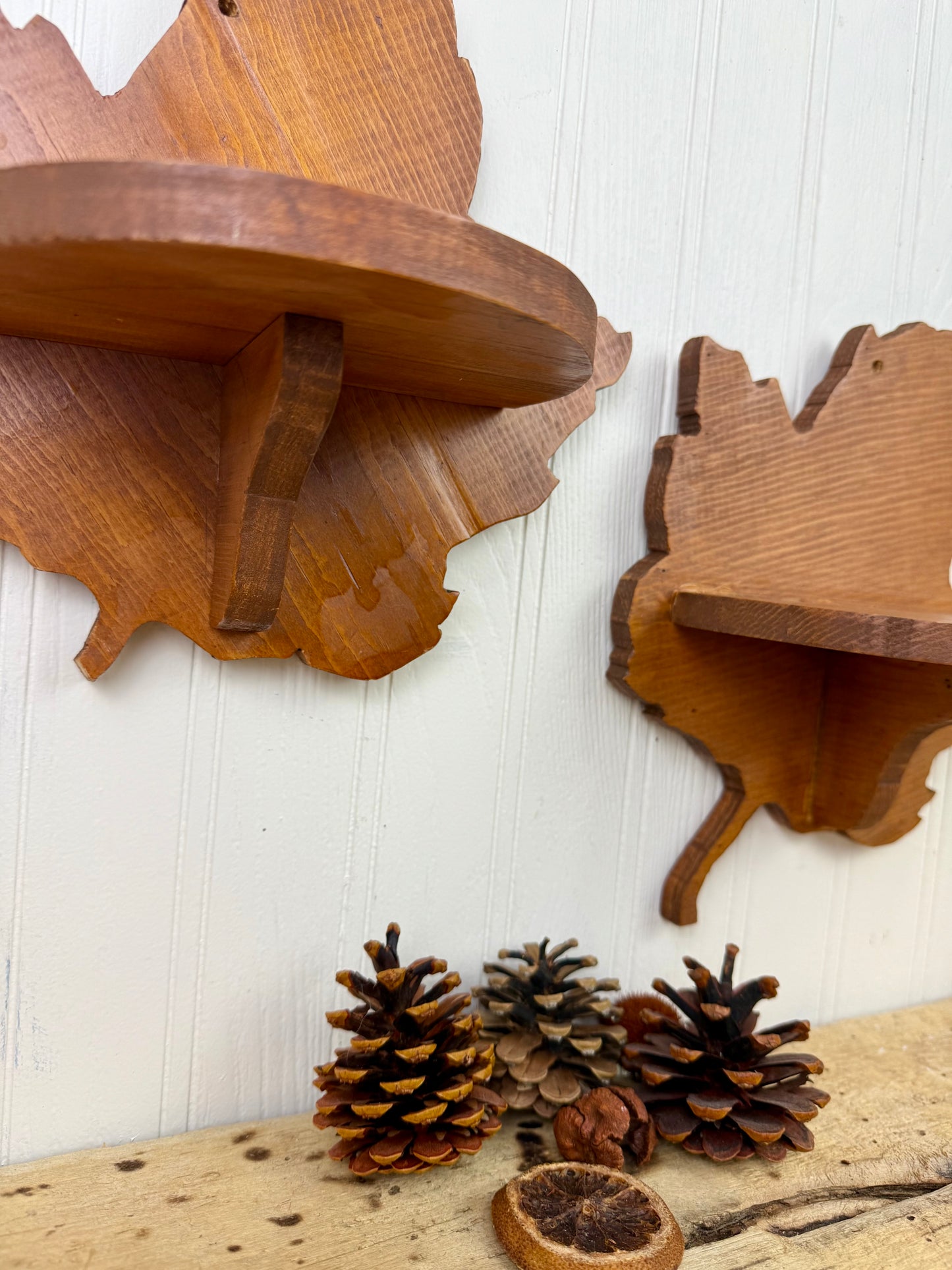 Vintage Handmade Wooden Maple Leaf Shelf Set