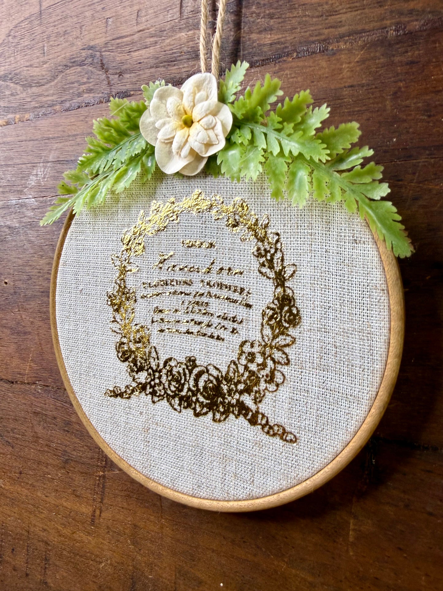 Upcycled Embroidery Hoop Wall Art with Vintage Label