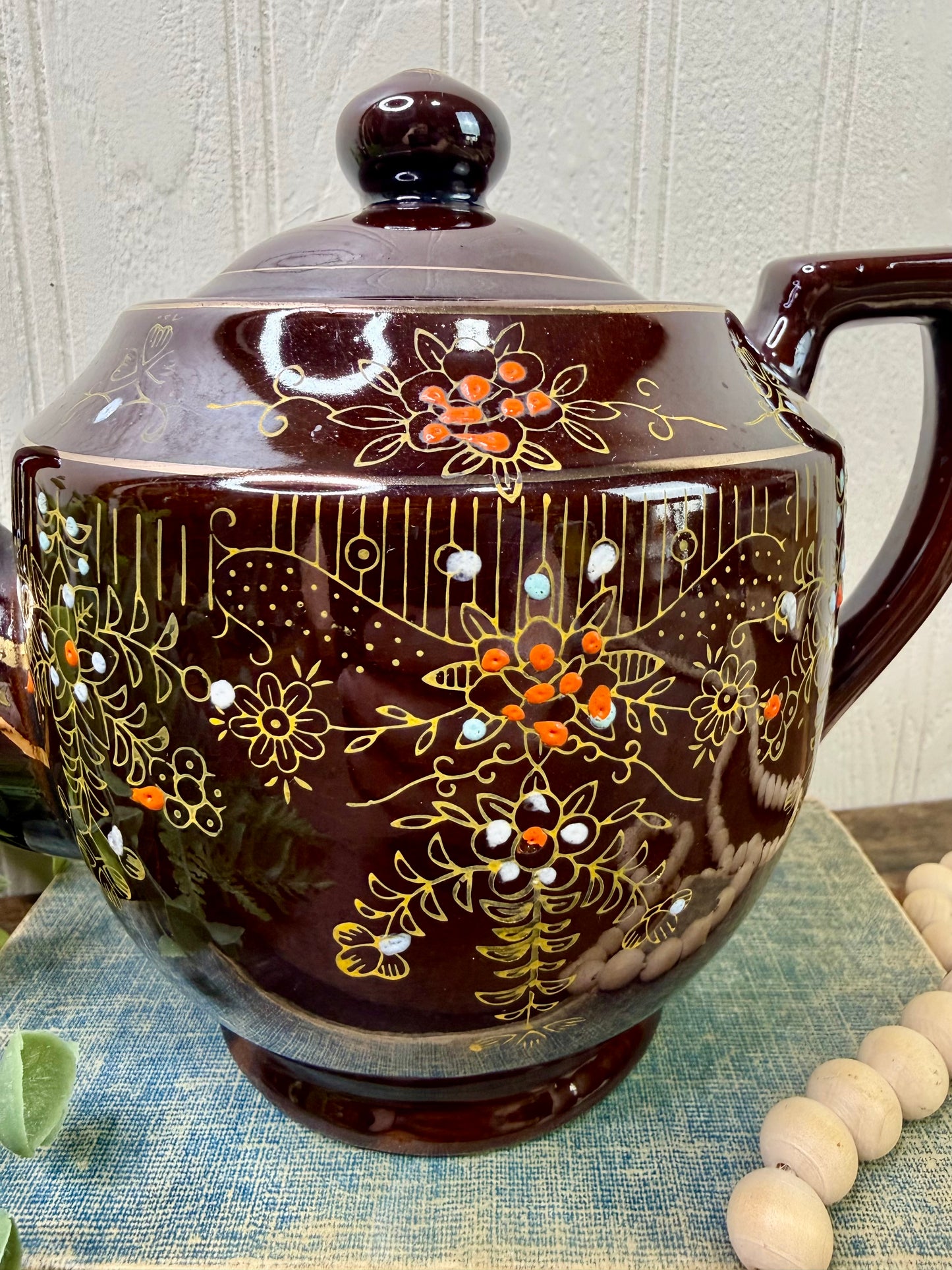 Vintage Japanese Moriage Redware Teapot