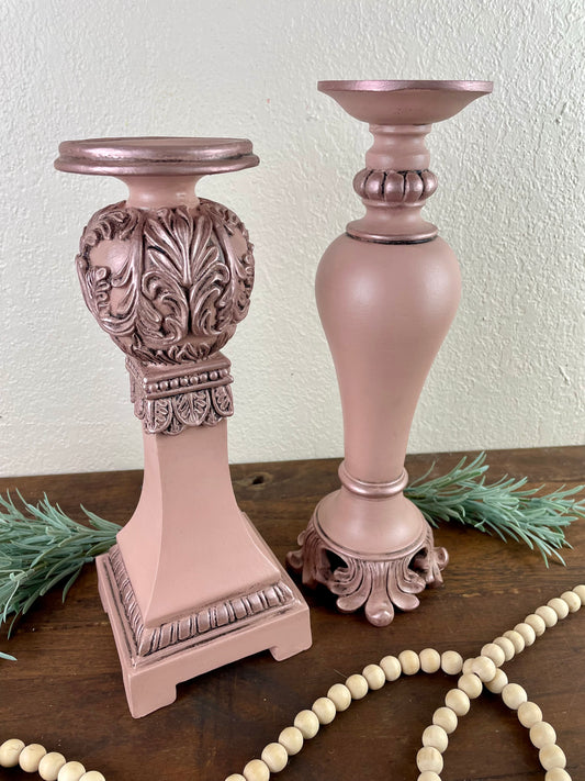 Hand Painted Pink Candlestick Set