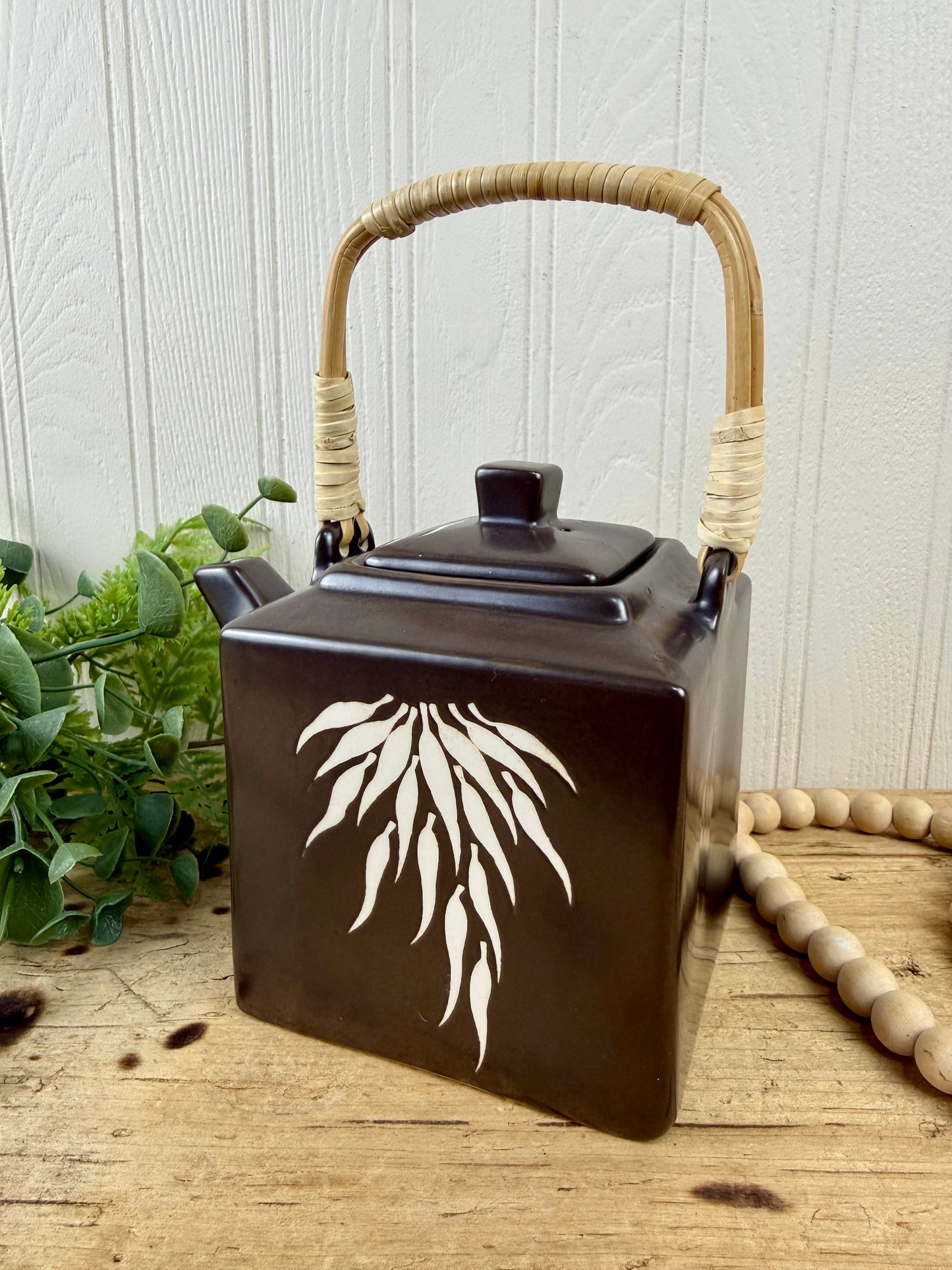 Brown Stoneware Teapot with Bamboo Design