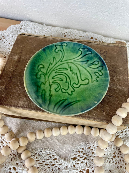 Vintage Green Glazed Ceramic Trinket Dish