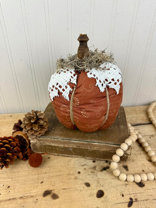 Handmade Plush Pumpkin with Doily Leaves #2