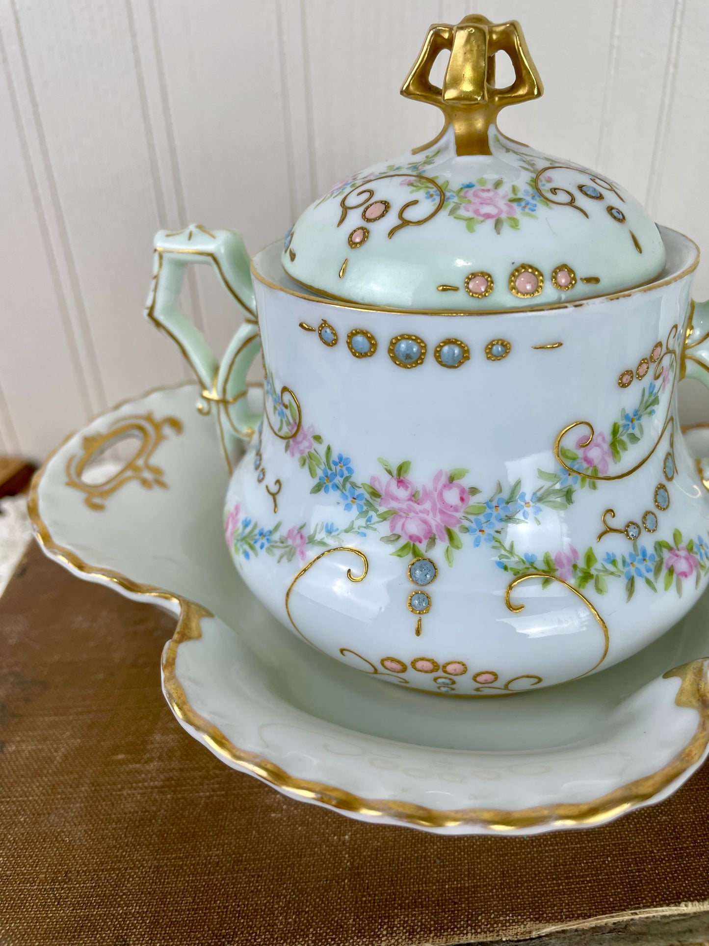 Antique Limoges French Porcelain Sugar Dish Set