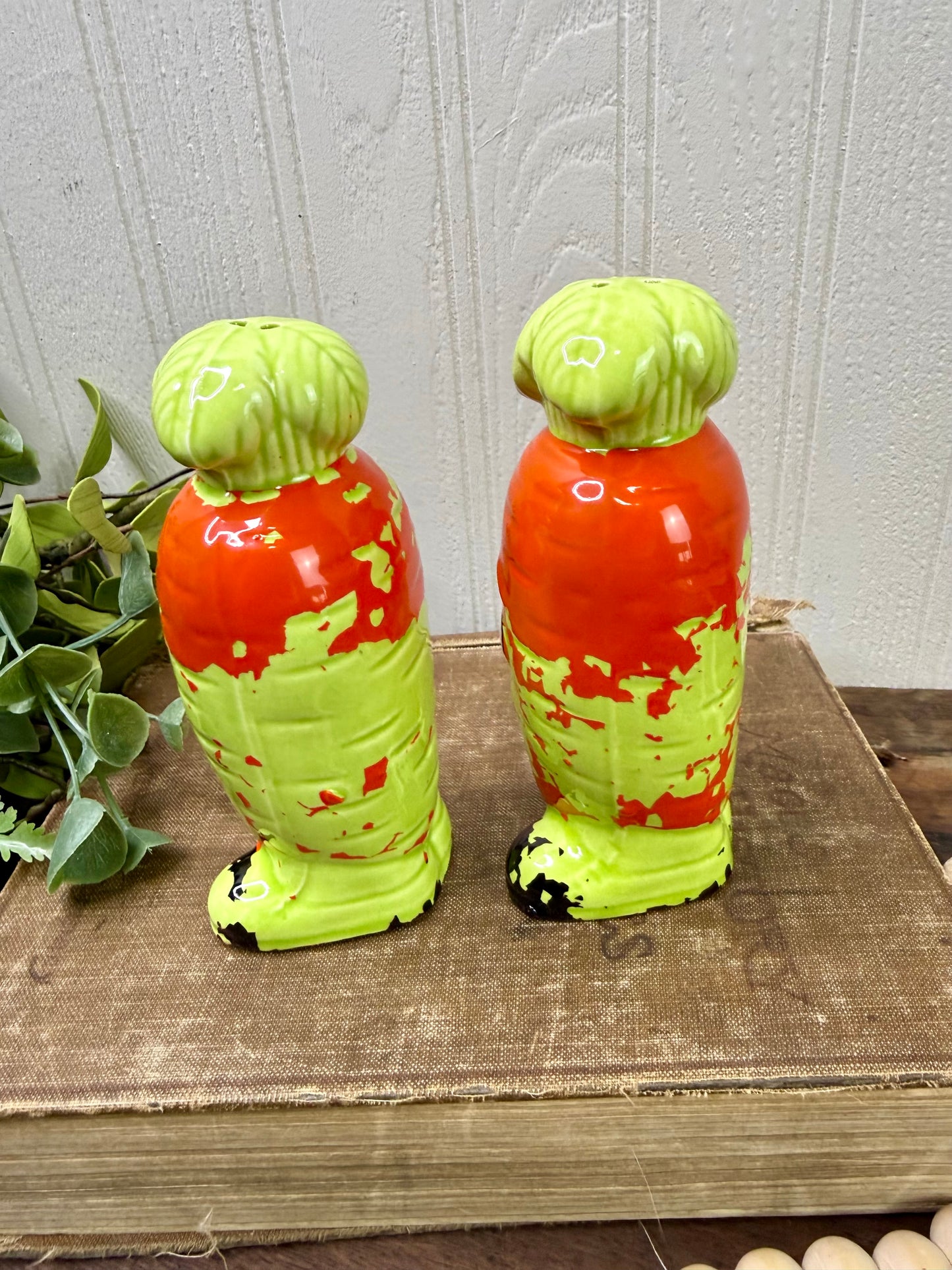 Vintage Mid-Century Carrot Salt & Pepper Shaker Set with Chippy Paint