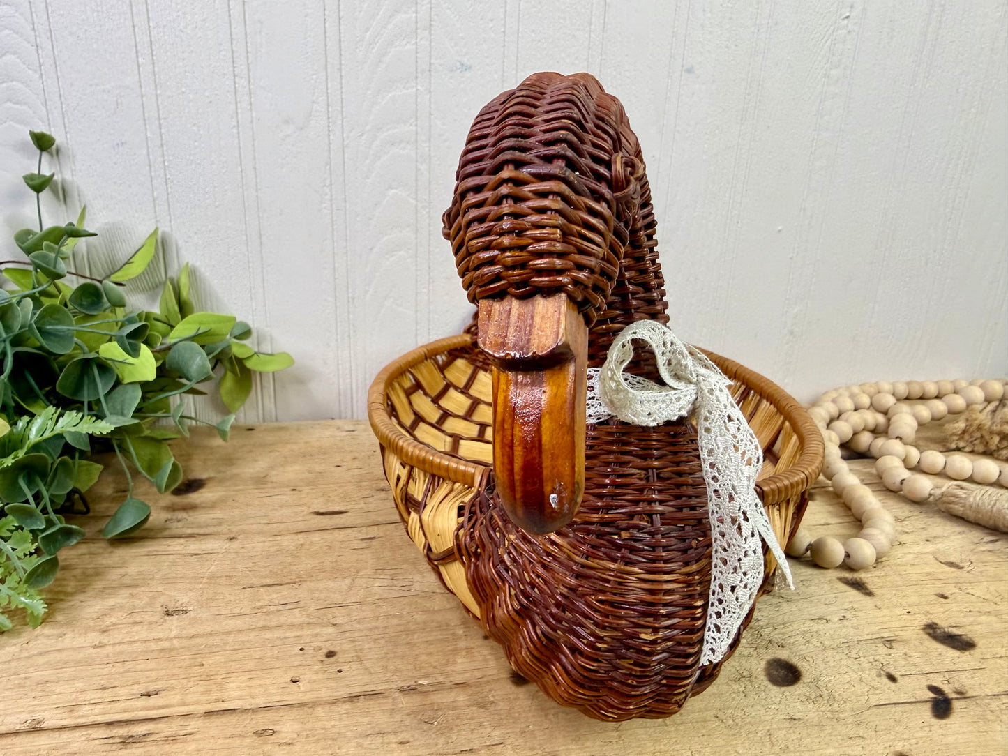 Vintage Wicker Duck Basket with Lace Bow