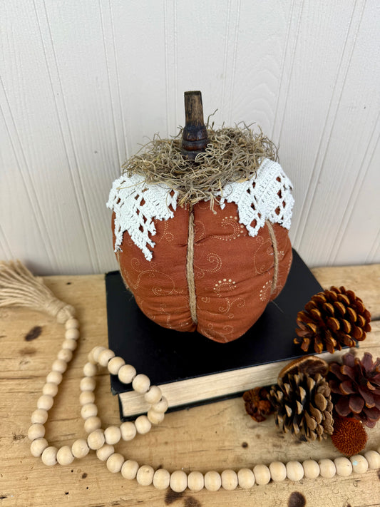 Handmade Plush Pumpkin with Doily Leaves