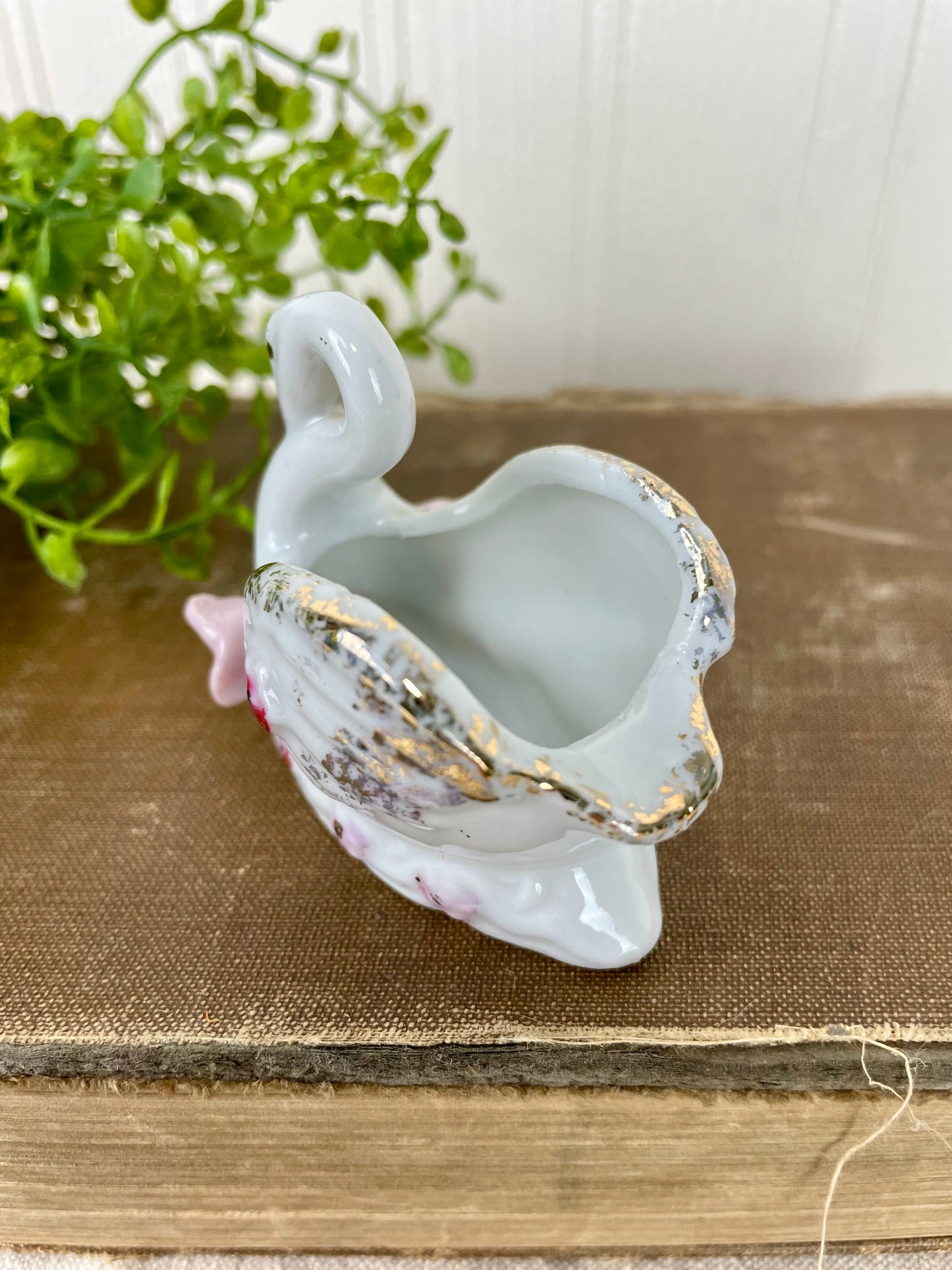 Vintage Porcelain Swan Toothpick Holder with Pink Flowers