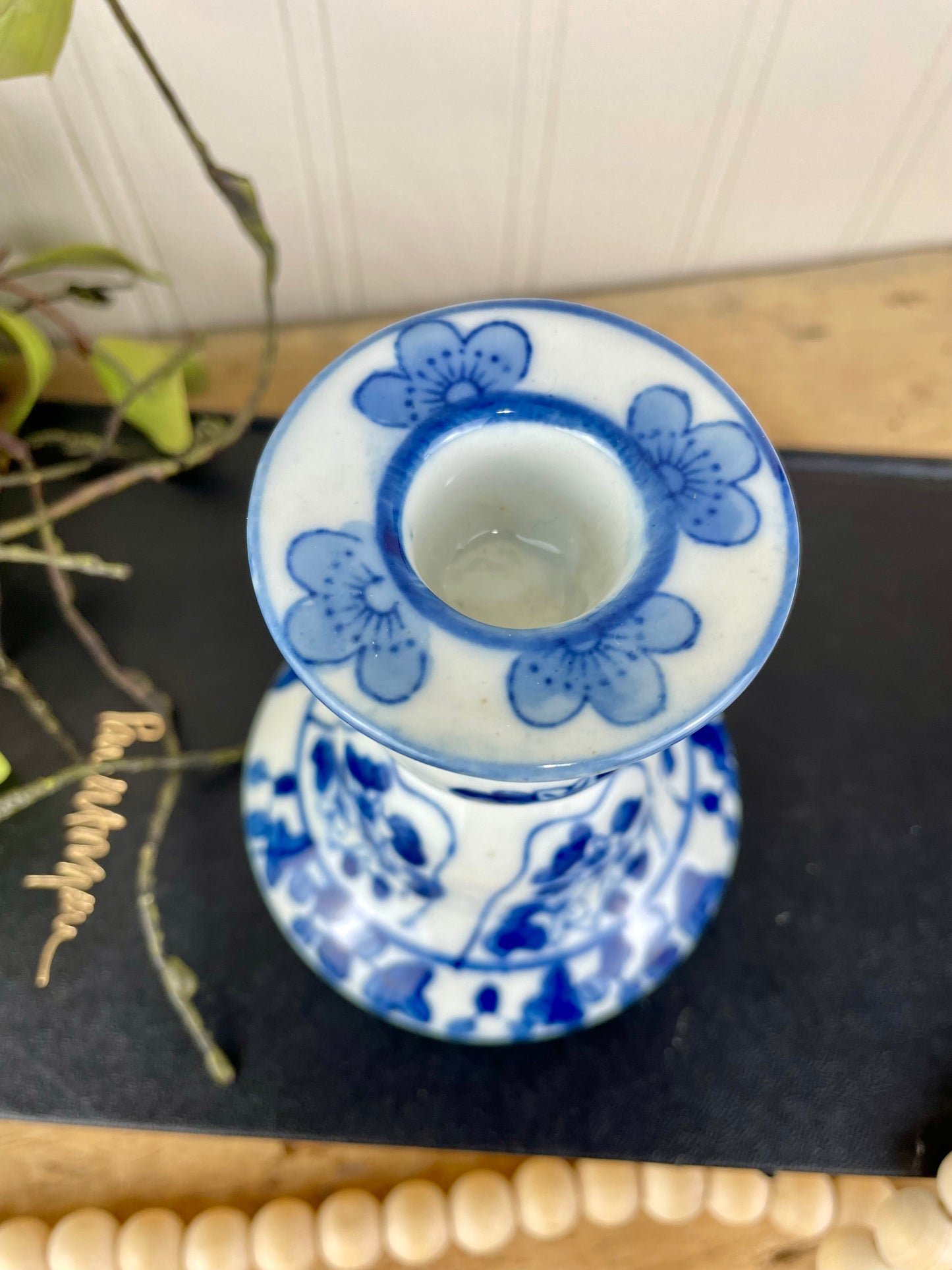 Vintage Blue & White Ceramic Candle Holder