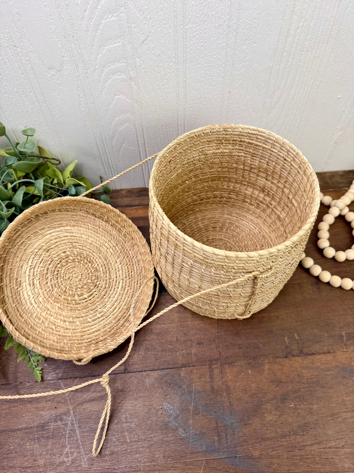 Vintage Hand Woven Hanging Basket with Lid