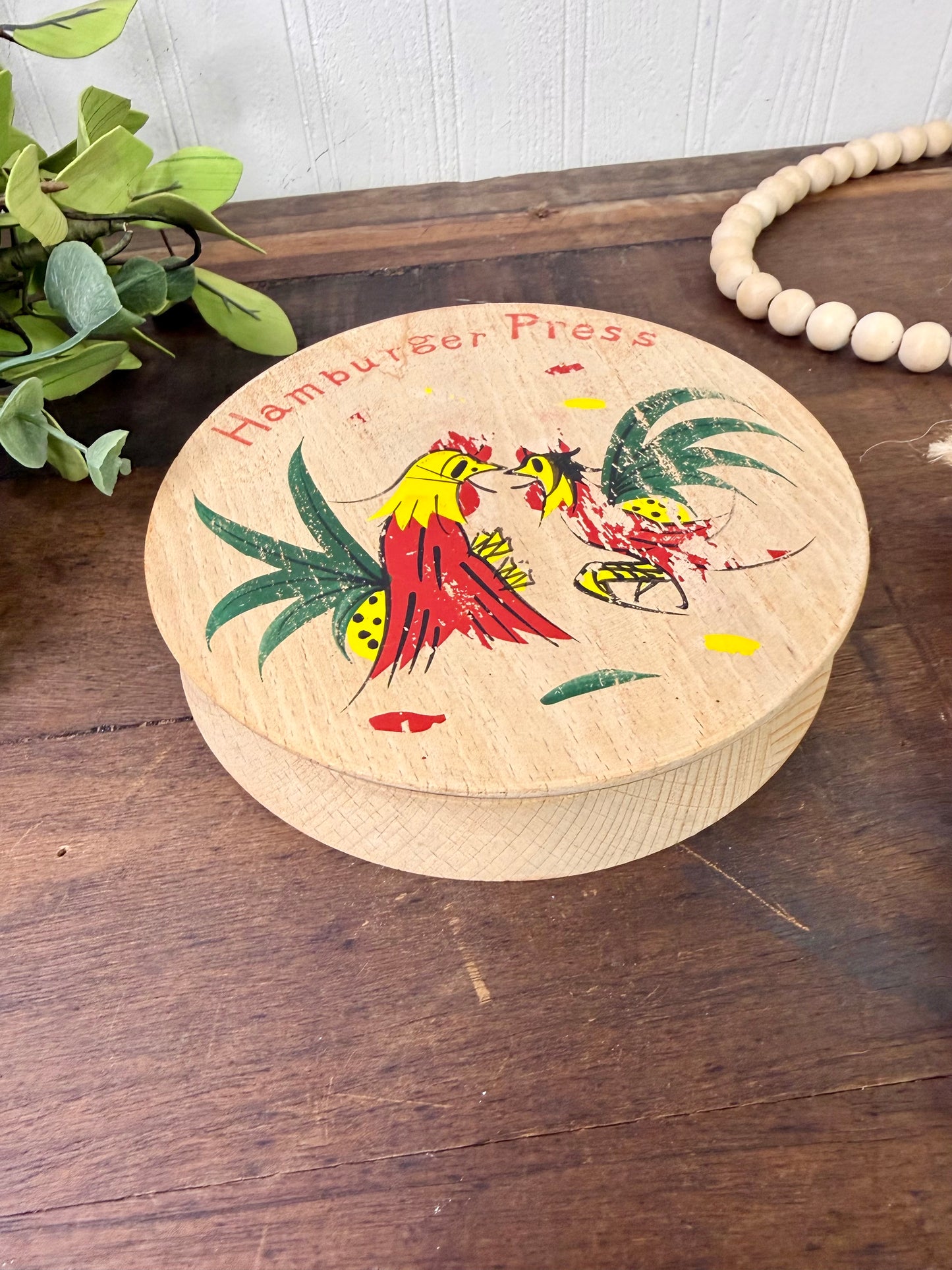 Vintage Wooden Hamburger Press with Roosters