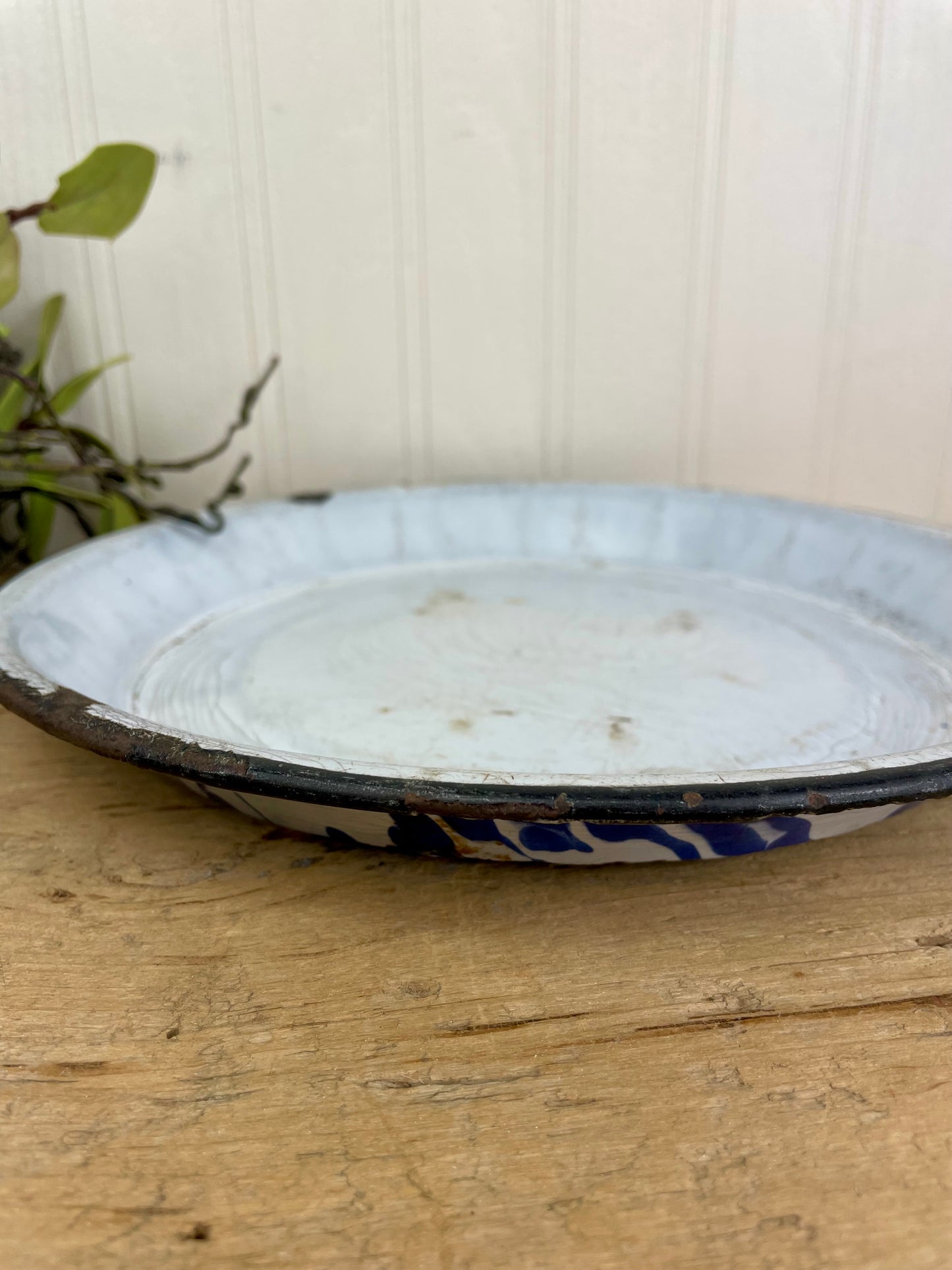 Vintage Blue & White Marbled Enamel Pie Pan