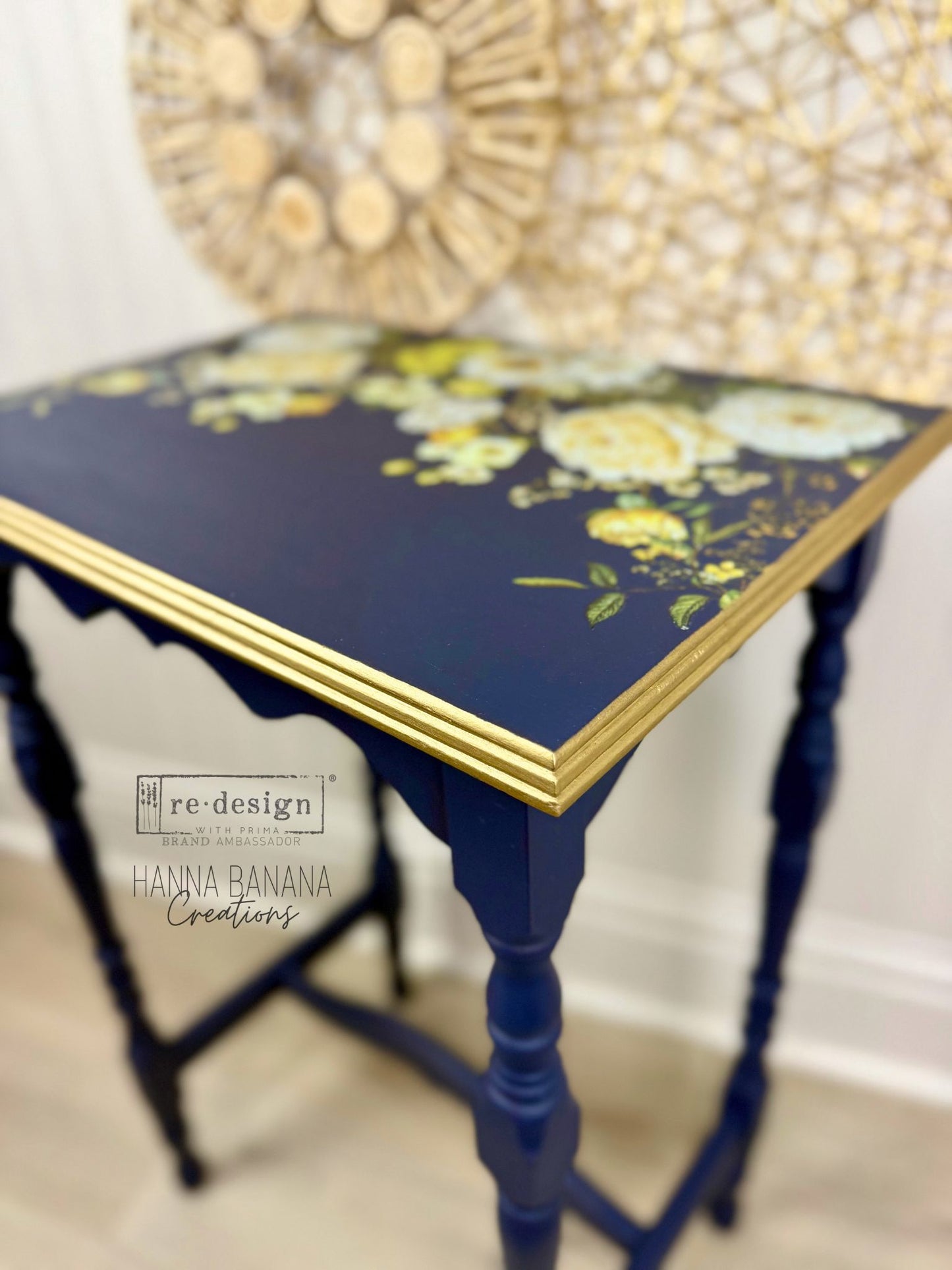 Hand Painted Blue Side Table with Yellow Florals- Shipping Included